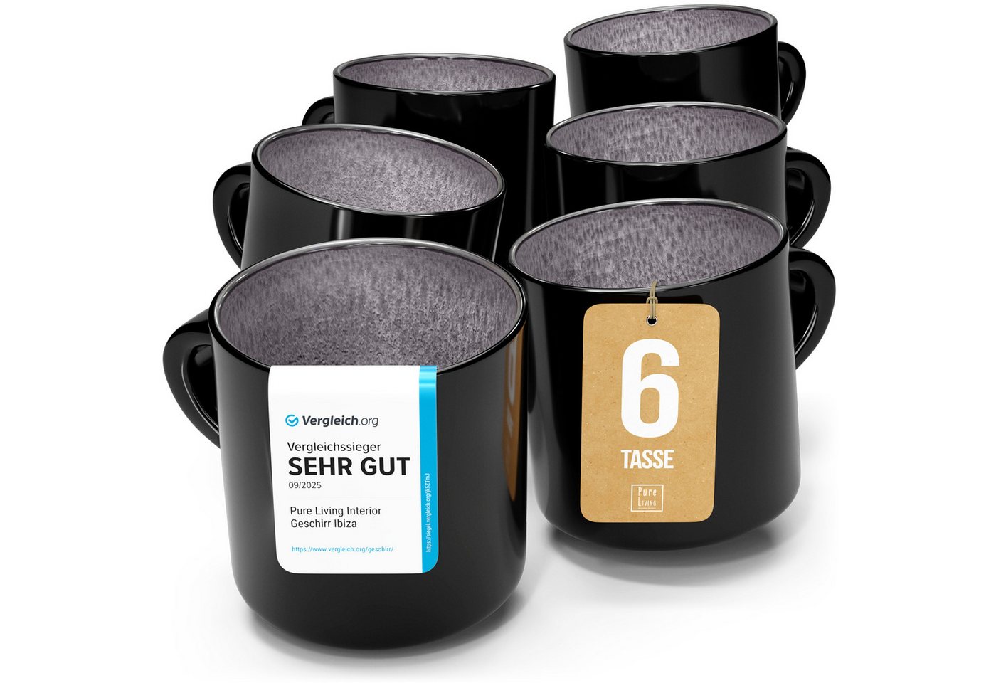PURE LIVING INTERIOR DESIGN Geschirr-Set Ibiza Becher, 6er-Set, 350 ml, Grau, Steingut (6-tlg), 6 Personen, Steingut