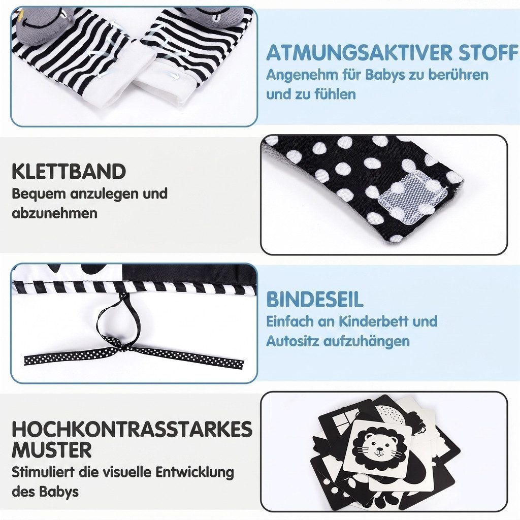 Wootoy Lernspielzeug Baby Spielzeugset Sensorikspielzeug Schwarz-Weiß-Karten (mit Nestanhänger Handgelenkbändern Aufbewahrungsbeutel, atmungsaktives Material mit Klettverschluss und Befestigungsbändern), Ideal für Babybett Kinderwagen und Autosit