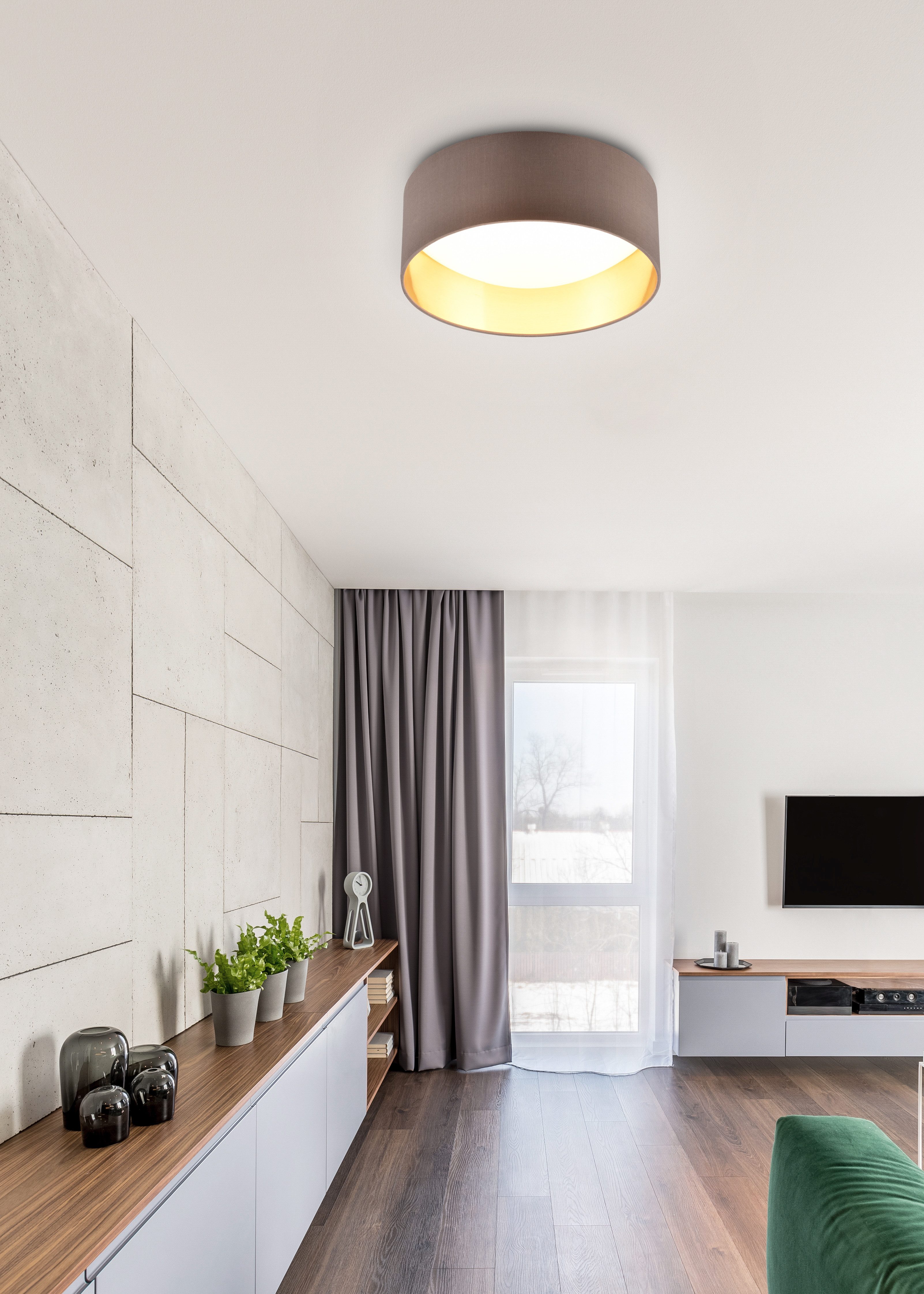Reality Leuchten LED Deckenleuchte LOCARNO, runde LED Deckenlampe mit Stoffschirm, Ø 30 cm Höhe 11 cm, LED fest integriert, Warmweiß, 12W LED warmweiß 3000 K, 1160 Lumen, Wohnzimmer Schlafzimmer Licht