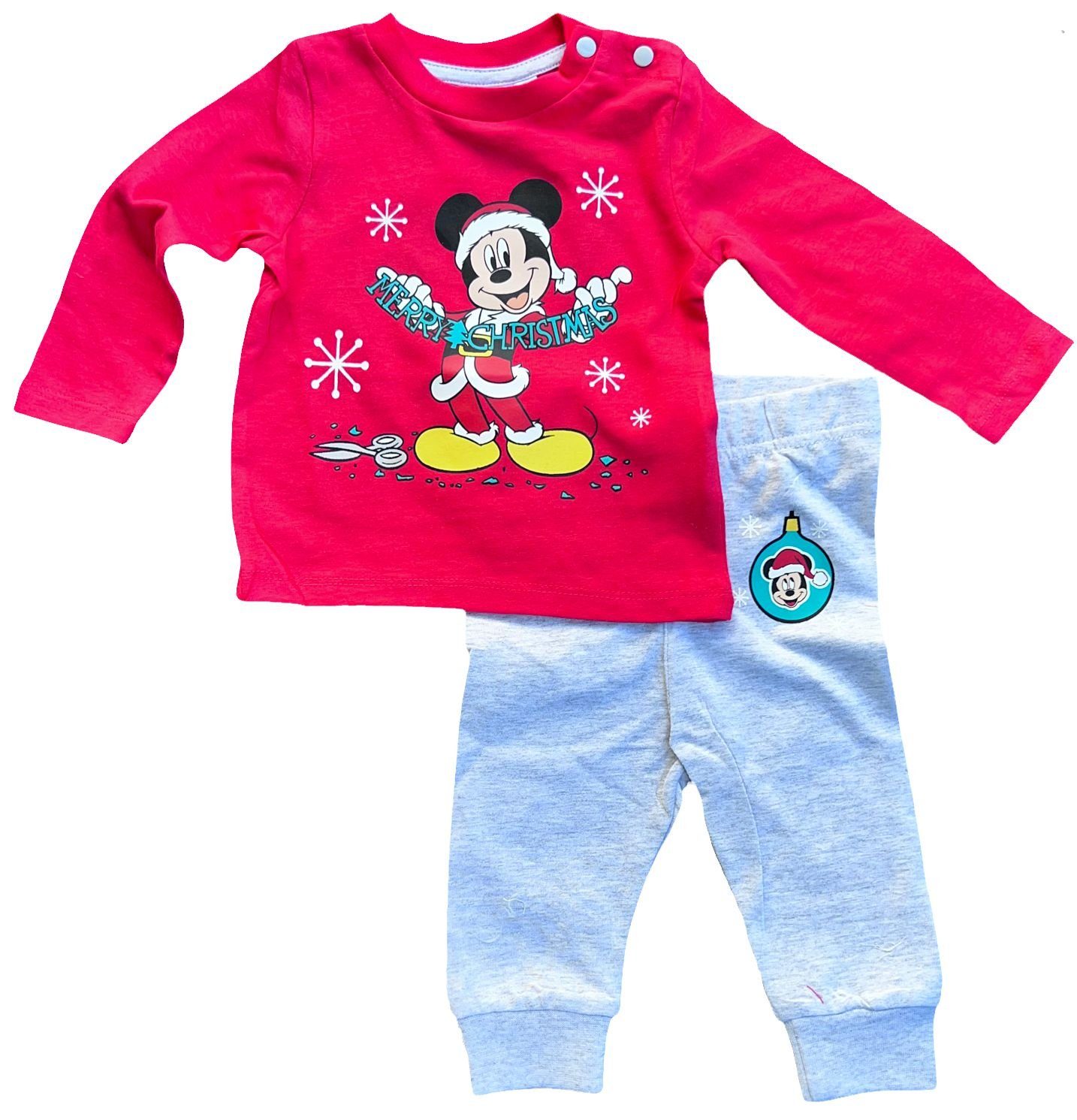 Disney Minnie Mouse T-Shirt & Sweatbermudas Mickey & Minnie Weihnachten Set Langarm + Hose Baby + Kleinkind (Set) Rot-Hellgrau