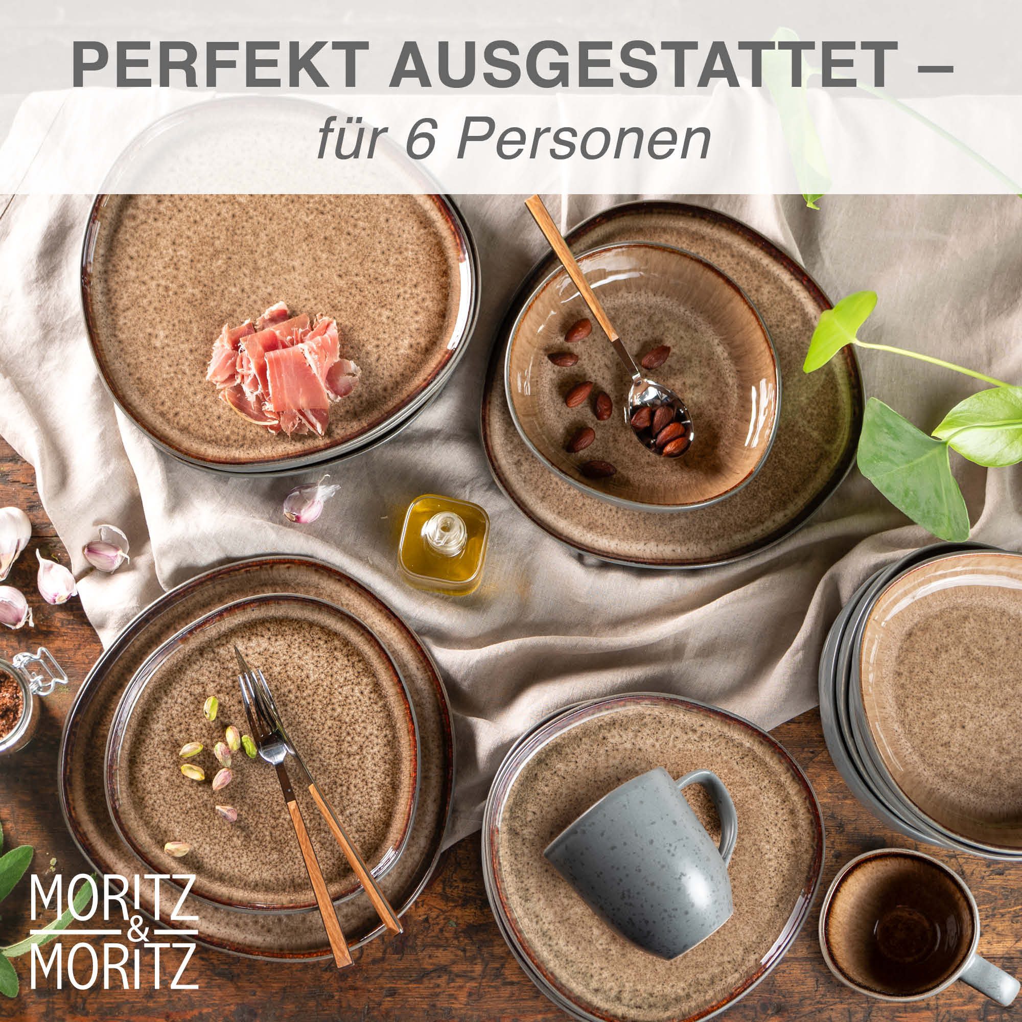 Moritz & Moritz Kombiservice ORGANIC Geschirrset mit Tassen 24tlg Beige (24-tlg), 6 Personen, Steinzeug, Kombigeschirr für 6 Personen