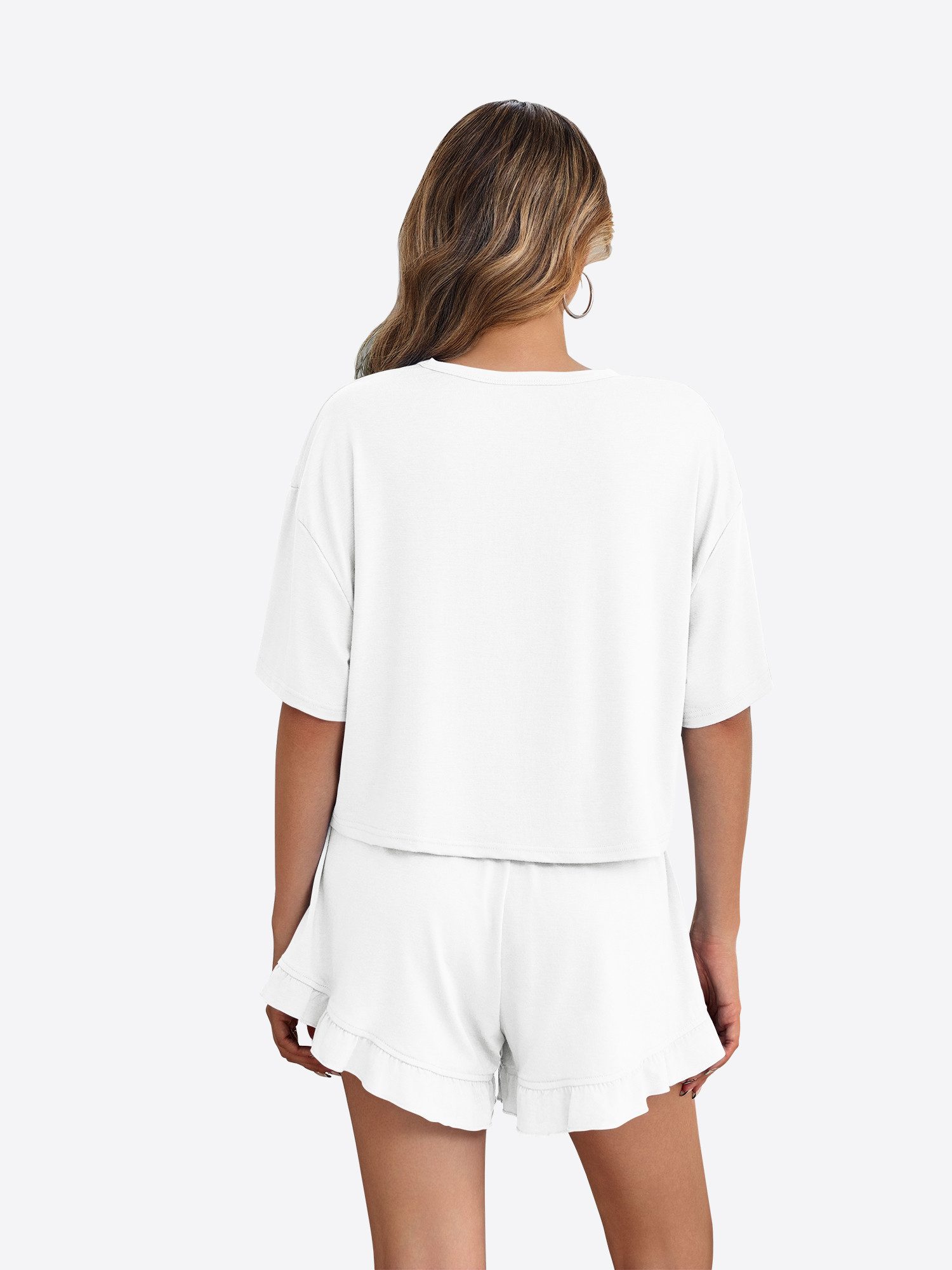 Imily Bela Hausanzug Damen Weich & Atmungsaktiv Pyjama Set 2-teilig (Set, 2 tlg., Hausanzug mit Crop-Top & Rüschen-Shorts) elastischer Taillenbund mit Kordelzug