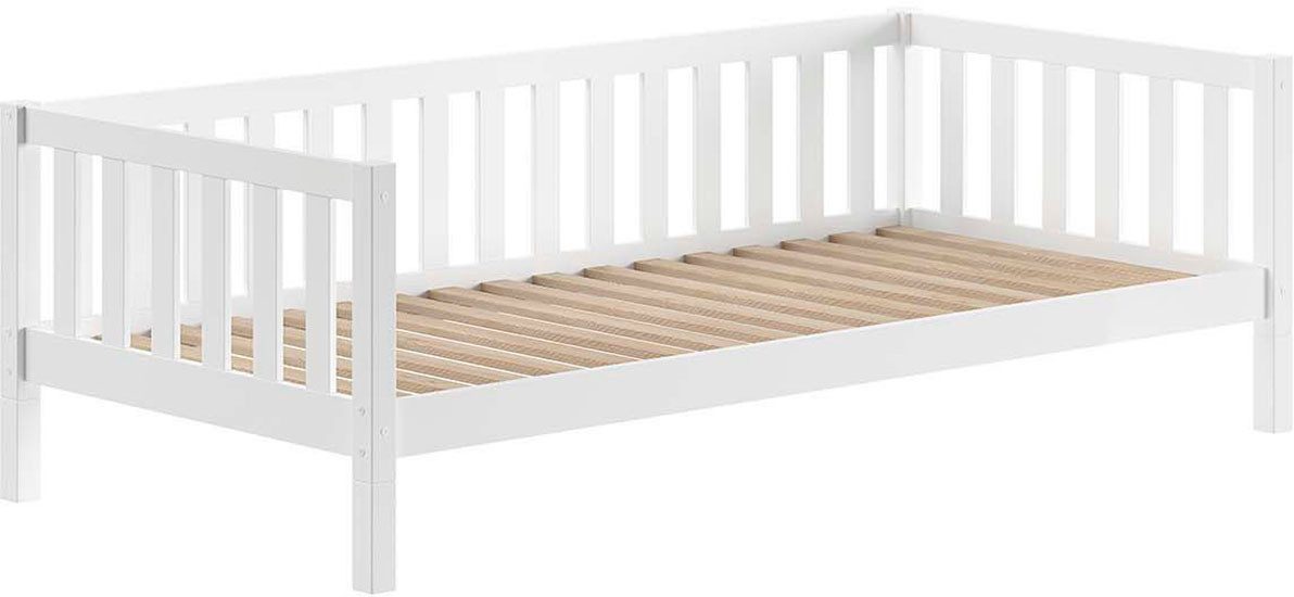 Vipack Kinderbett Dallas, massiv Bett, Rausfallschutz, umbaubar vom Boden- zum Daybett (inkl. Rolllattenrost und Sprossenumrandung, 90 oder 140x200 cm breit), stabil und standfest gebaut, wahlweise Kiefer massiv natur oder weiß