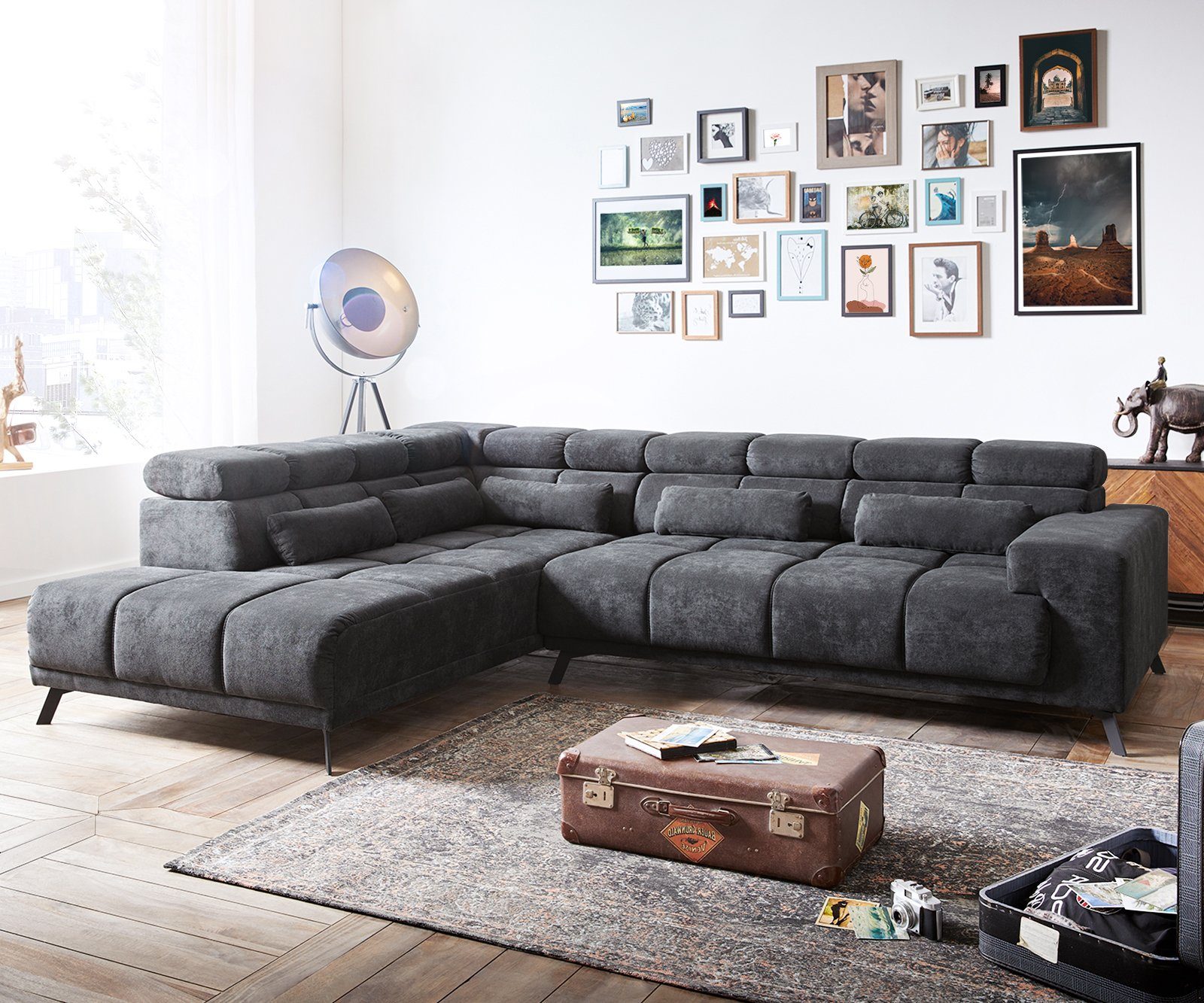 DELIFE Ecksofa Catan, Mikrofaser Anthrazit 295x230 Ottomane links Relaxfunktion Ecksofa