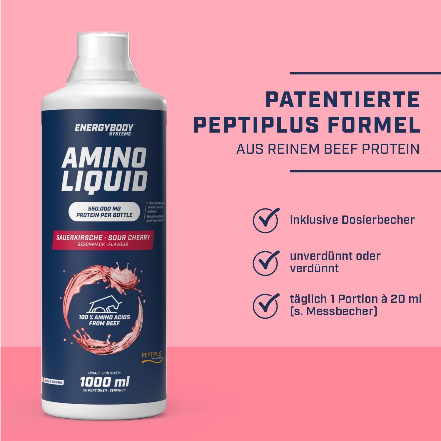 Energybody Systems Amino Liquid, flüssige Aminosäuren aus bioaktiven Kollagenpeptiden Flüssigkeit, Peptiplus Performance Peptides, 1 Liter