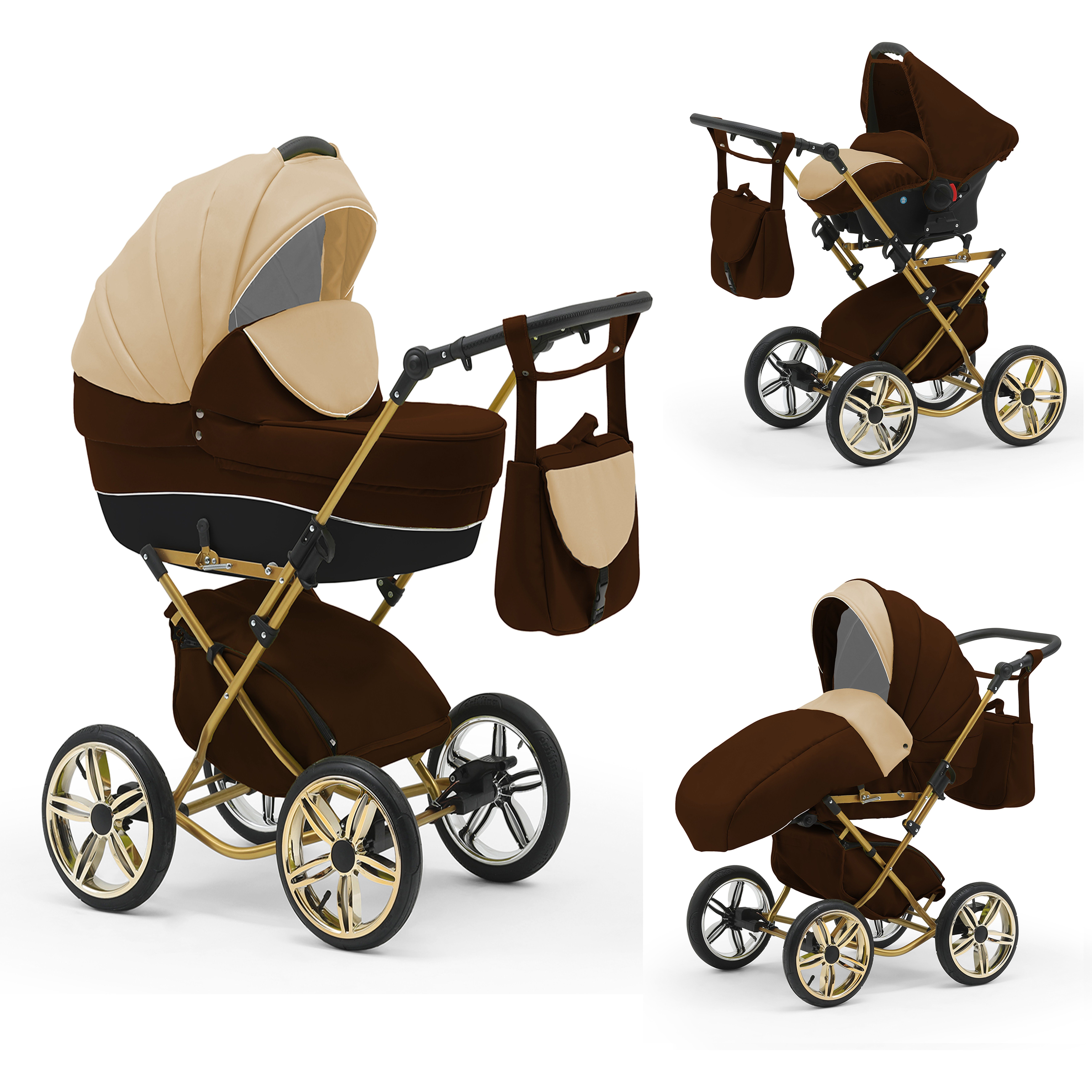 babies-on-wheels Kombi-Kinderwagen Sorento 3 in 1 inkl. Autositz - 13 Teile - in 10 Designs Beige-Braun