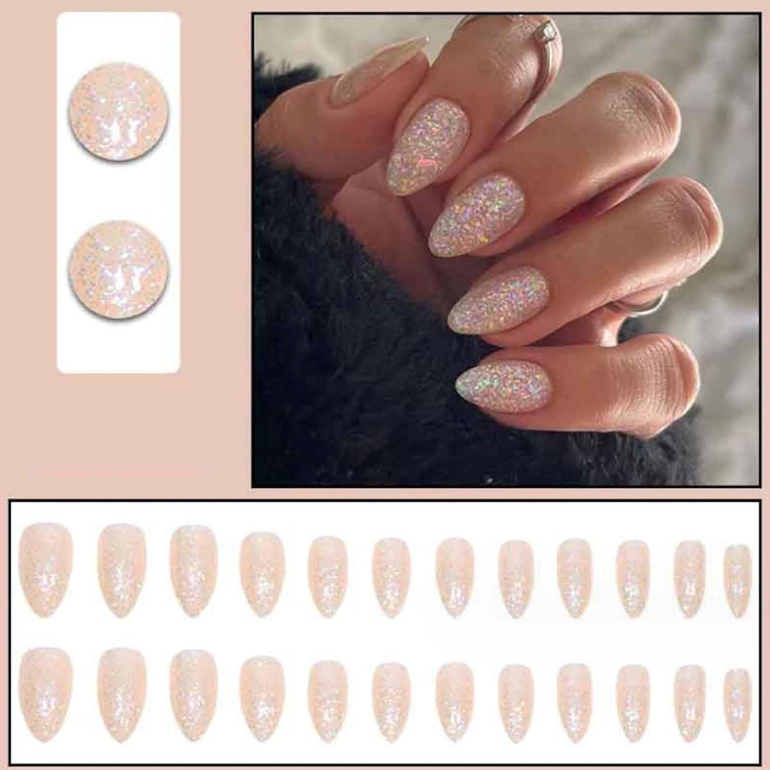 POPOLIC Искусственные ногти Kurze künstliche Nägel, mandelförmig/Eckig, zum Aufdrücken der Nägel, glitzernde Nagelspitzen, vollständige Abdeckung, Ballerina-Kunstnägel für Frauen und Mädchen, 4 Sets(96 Stück)