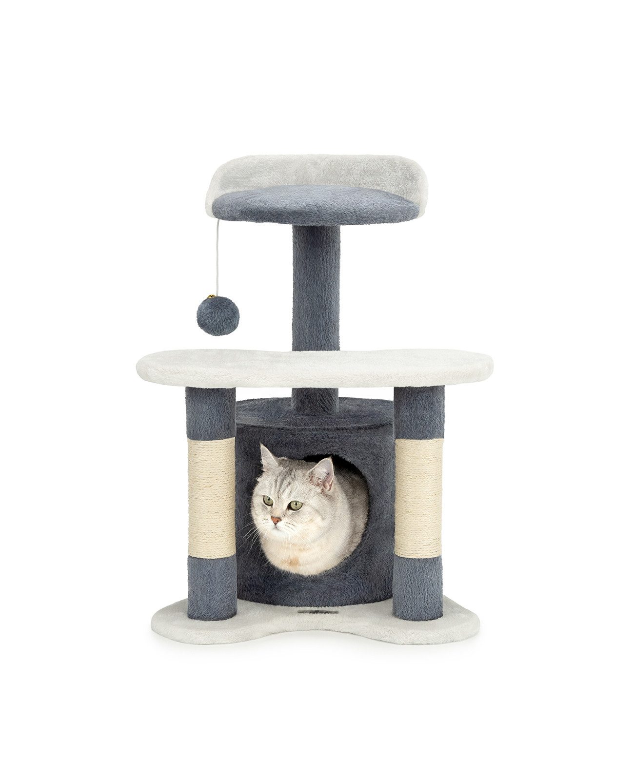 lionto Kratzbaum 65 cm mit Sisalstämmen, Plüschhöhle & Spielball, stabiler Spielbaum ideal für kleine Katzen