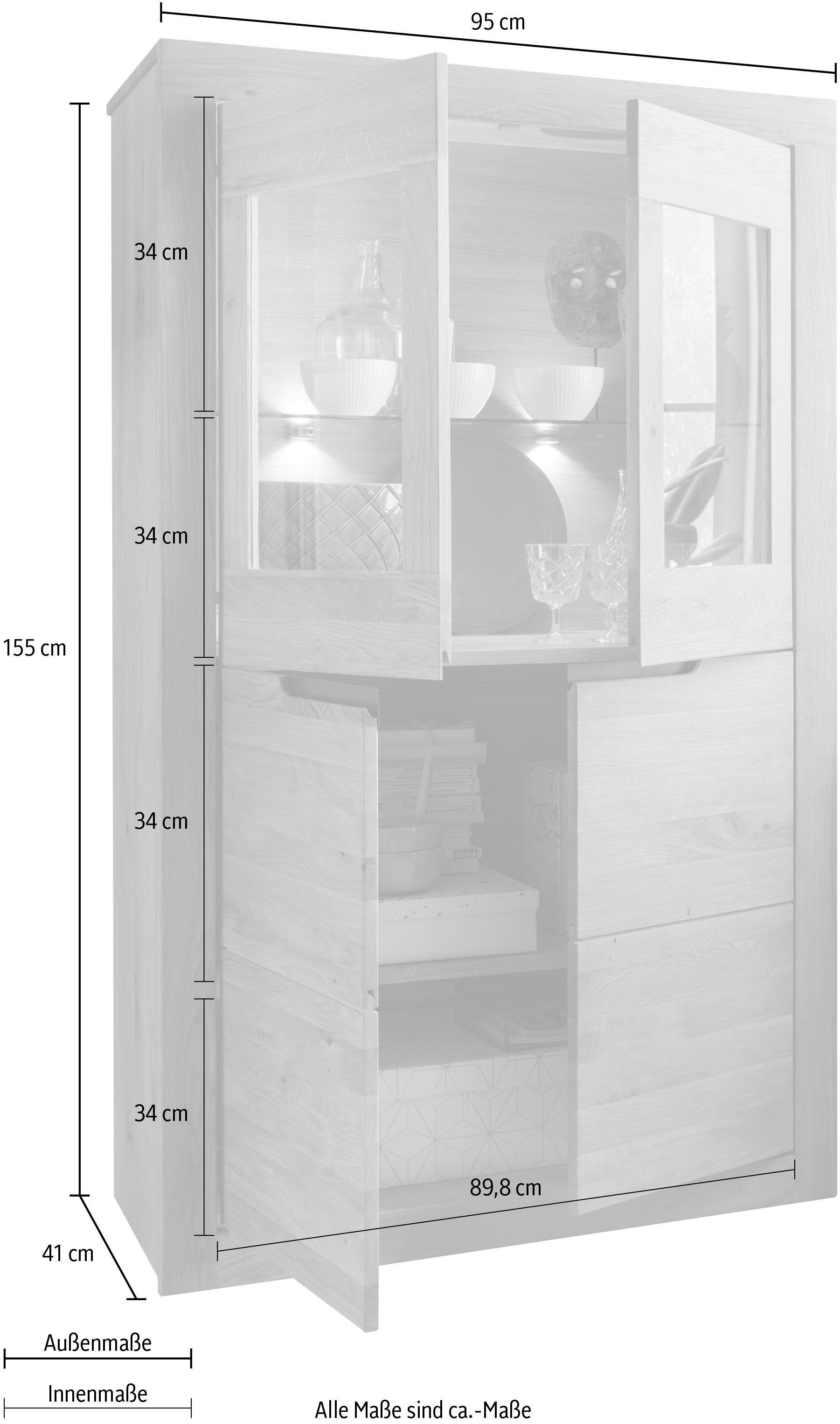 Wohn[glück]lich by Infantil Vitrine Basel Natur Glasvitrine, geölt Höhe Natur | Wildeiche geölt Landhaus 155 cm, Schrank, Hochschrank