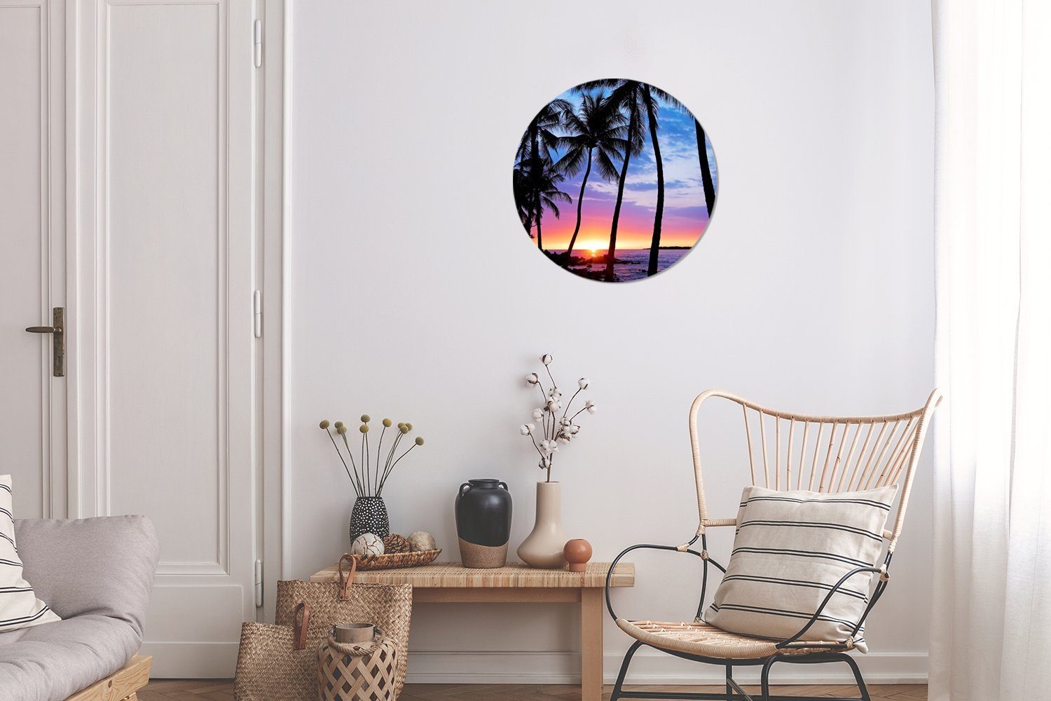 Gemälde Wanddekoration Wandbild, MuchoWow Forex, Silhouette eines Palmen Rundes (1 Hawaii, Sonnenuntergangs Wohnzimmer, St), während von cm auf Kreis Eine 30x30