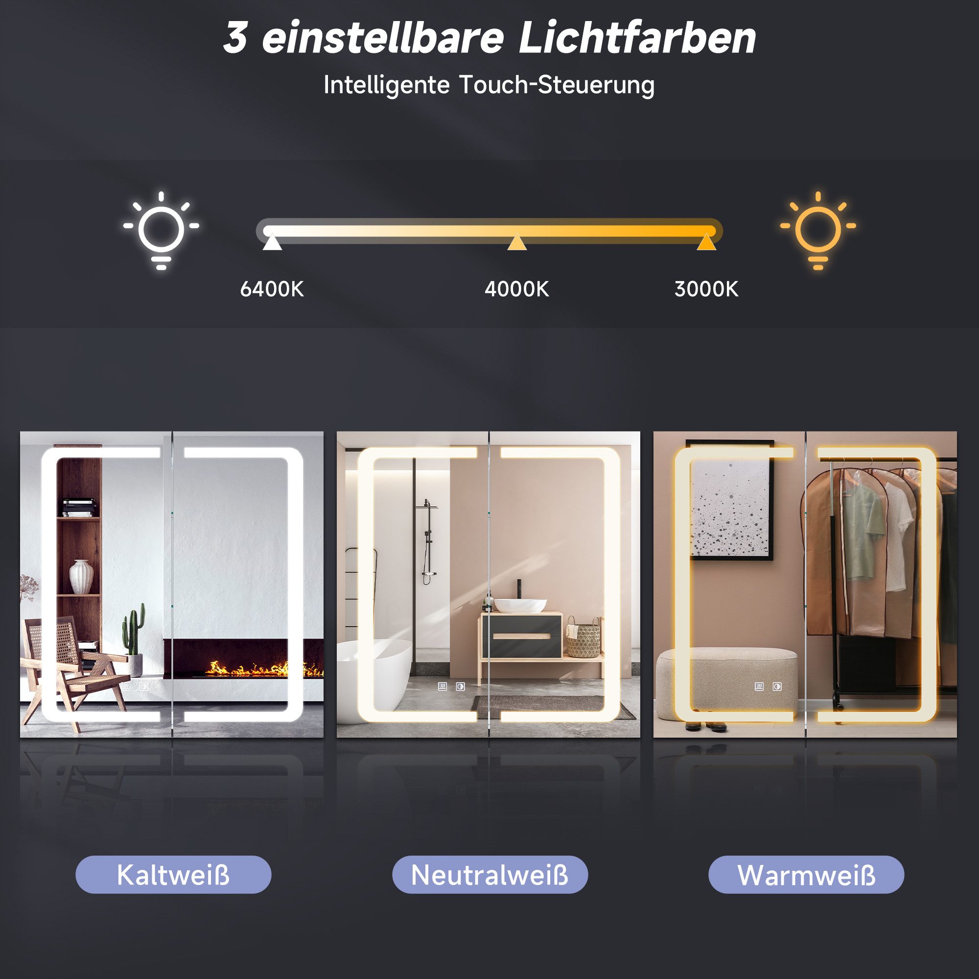 SONNI Badezimmerspiegelschrank Aluminium LED-Badezimmerspiegelschrank 65X65cm with anti-fog function, power outlet, and dual-touch stepless dimming