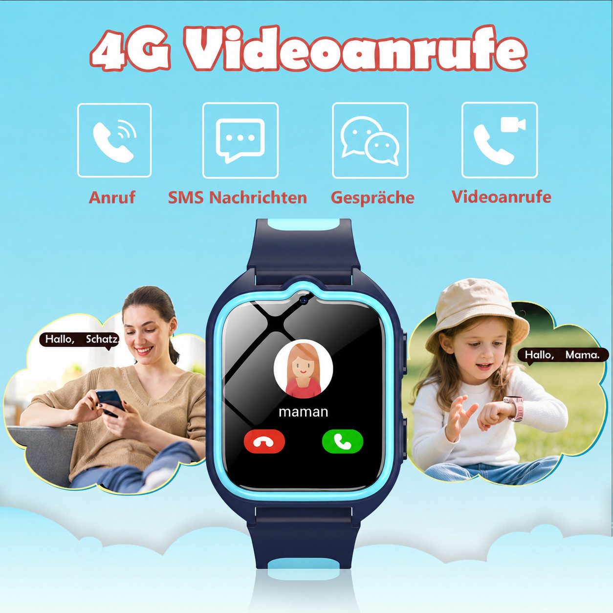 blackview Kinder Smartwatch 4G GPS – Telefon, Videochat, SOS, Ortung, Schulmodus Smartwatch (1.75" Zoll) Packung, 1-tlg., 1×Smartwatch, 1xHalsband, 1 Ladekabel, 1 Bedienungsanleitung (DE), GPS+WLAN+LBS Ortung, 800 mAh,LED-Taschenlampe,Mit SIM-Kartensteckplatz