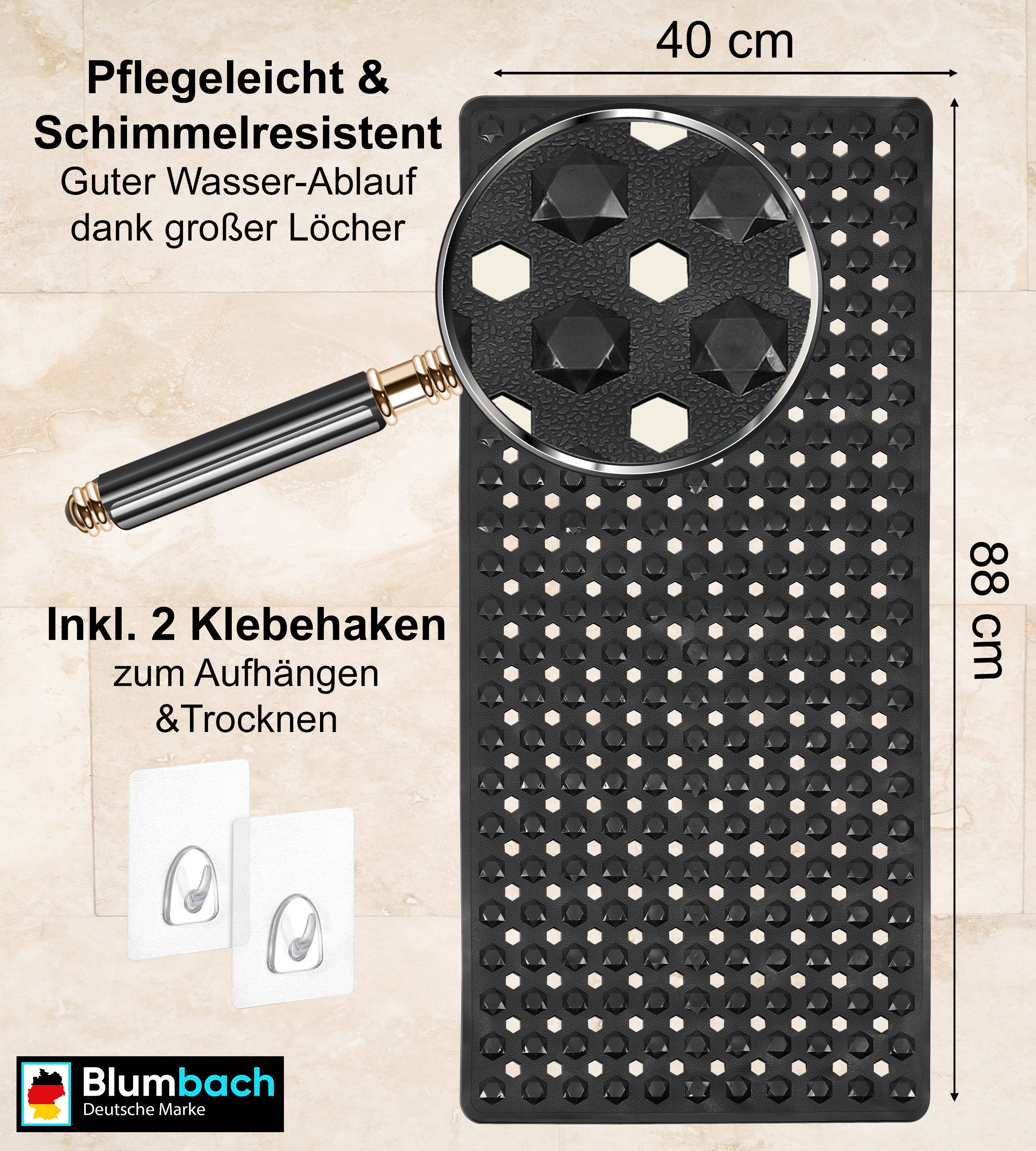 Blumbach Wanneneinlage Badewannenmatte rutschfest, Packung, inklusive 2 Klebehaken, rutschhemmend, mit Saugnäpfen, pflegeleicht