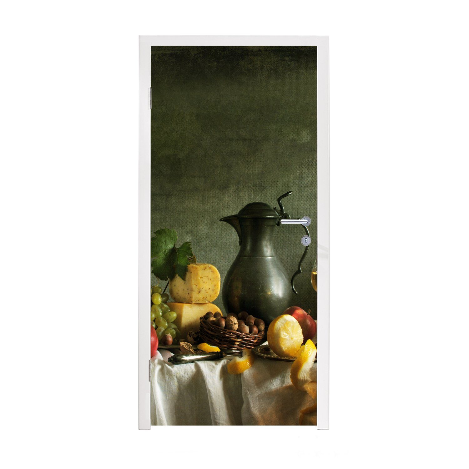 MuchoWow Türtapete Rustikal - Käse - Teekanne - Obst - Stilleben, Matt, bedruckt, (1 St), Fototapete für Tür, Türaufkleber, 75x205 cm