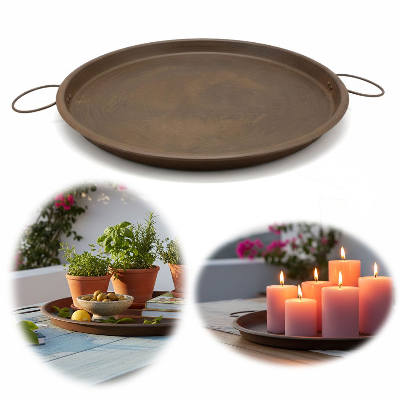 LS-LebenStil Tablett XL Eisen Deko Tablett Serviertablett Dehli 42cm Kerzenteller, Metall, (Tragegriffe - Rost Braun Eisen Tablett Kerzenteller Kerzentablett 2 Griffe, 1-tlg., Küchentablett Deko Schale Teetablett Geschirr Getränke Serviertablett), Deko Schale Teller