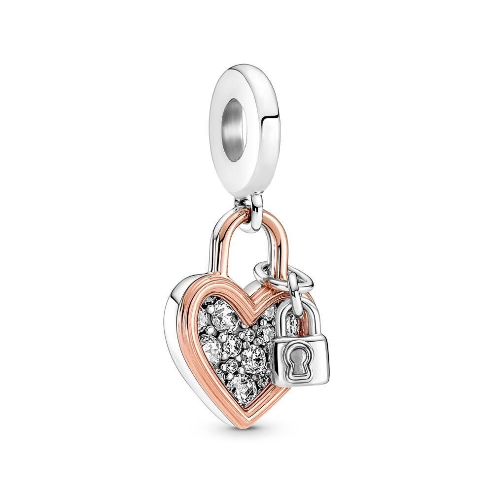 Charm-Einhänger Doppelter Herzschloss Charm von PANDORA aus 925er Silber, bicolor