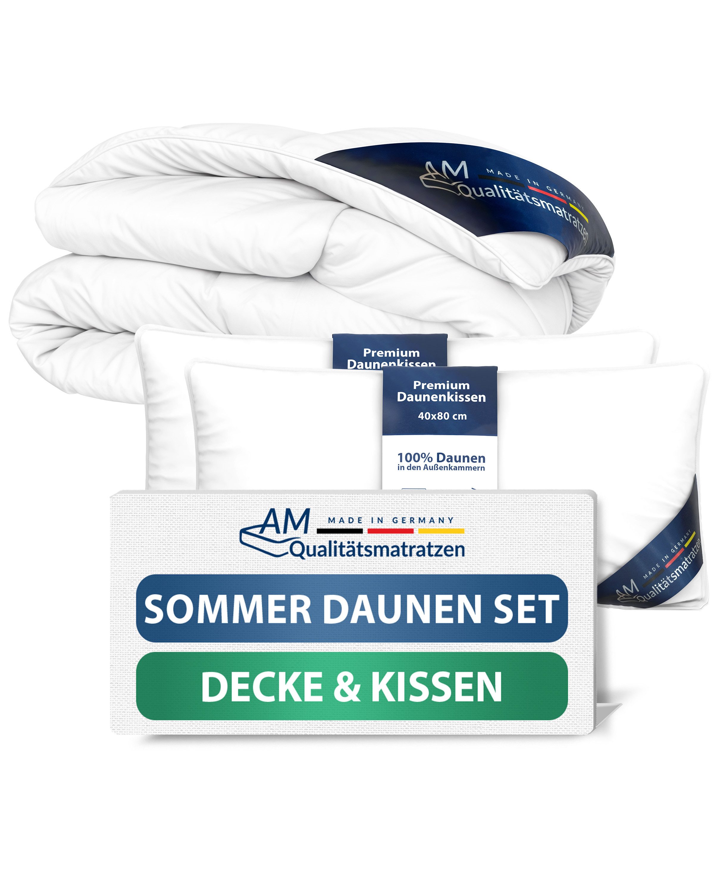DormiGood Daunenbettdecke + Daunenkissen Set, Premium Bettdecke + 3 Kammer Kopfkissen, Leicht für den Sommer, 220x240cm, Sommer