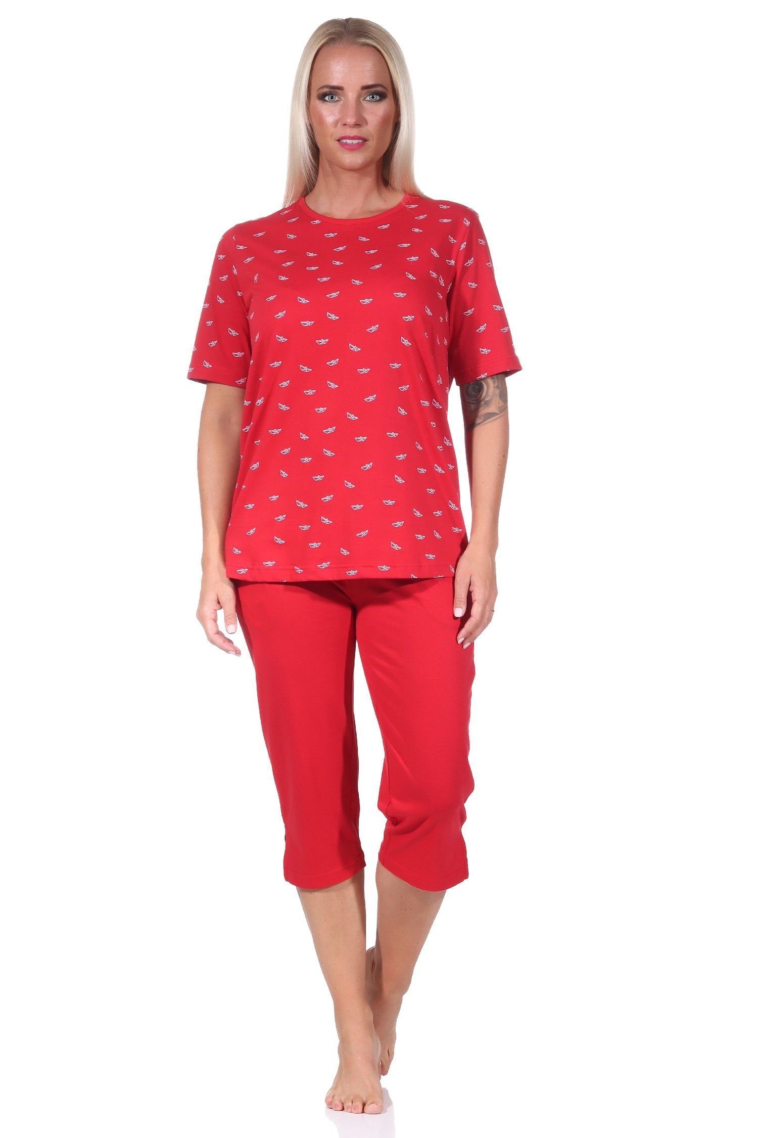 mit kurzarm maritimer Normann Pyjama Optik rot Schlafanzug in Damen Caprihose Pyjama
