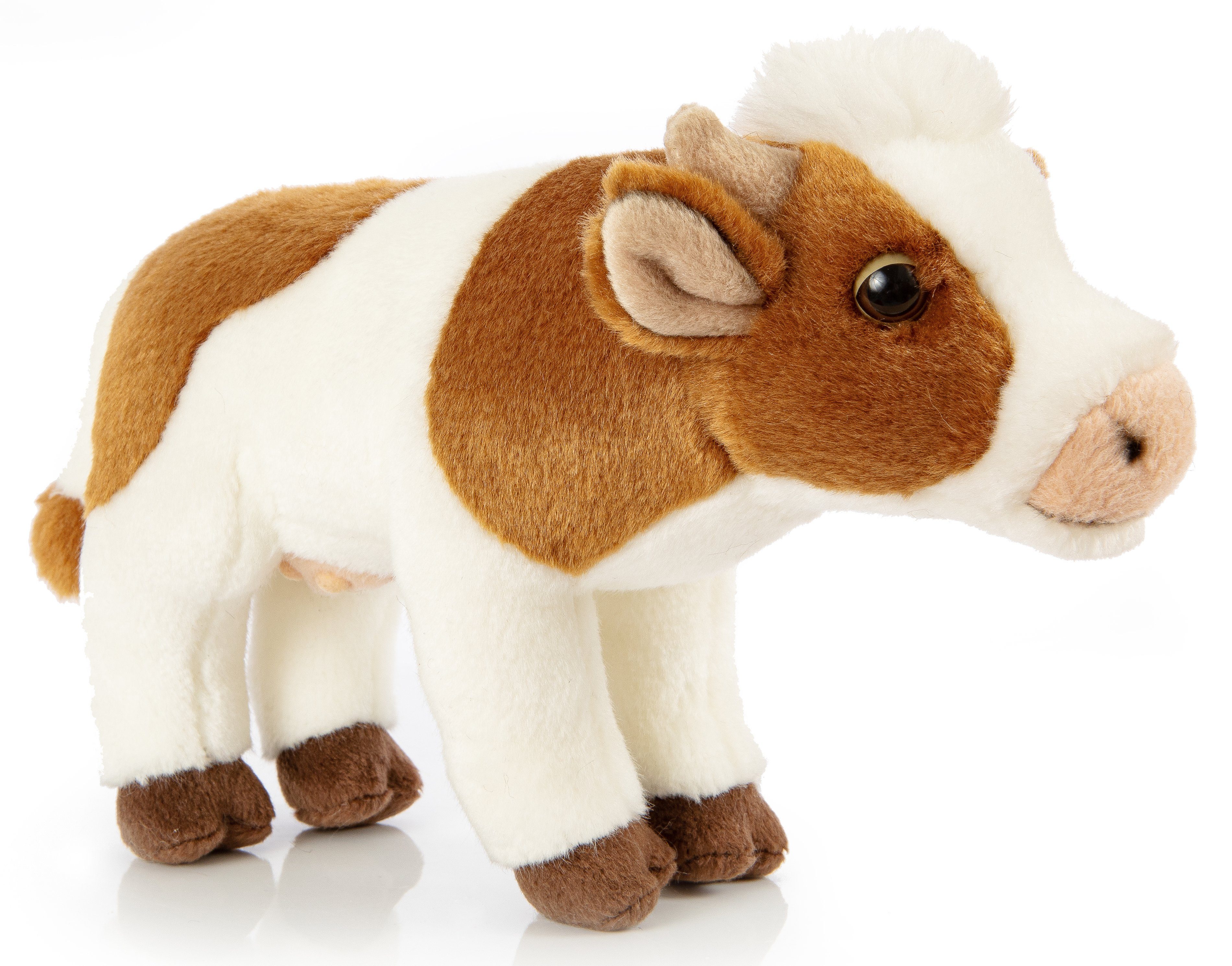 Uni-Toys Kuscheltier Kuh weiß-braun - Mit/ohne Glocke/Muh-Ton - 27cm Länge - Plüschtier, zu 100 % recyceltes Füllmaterial