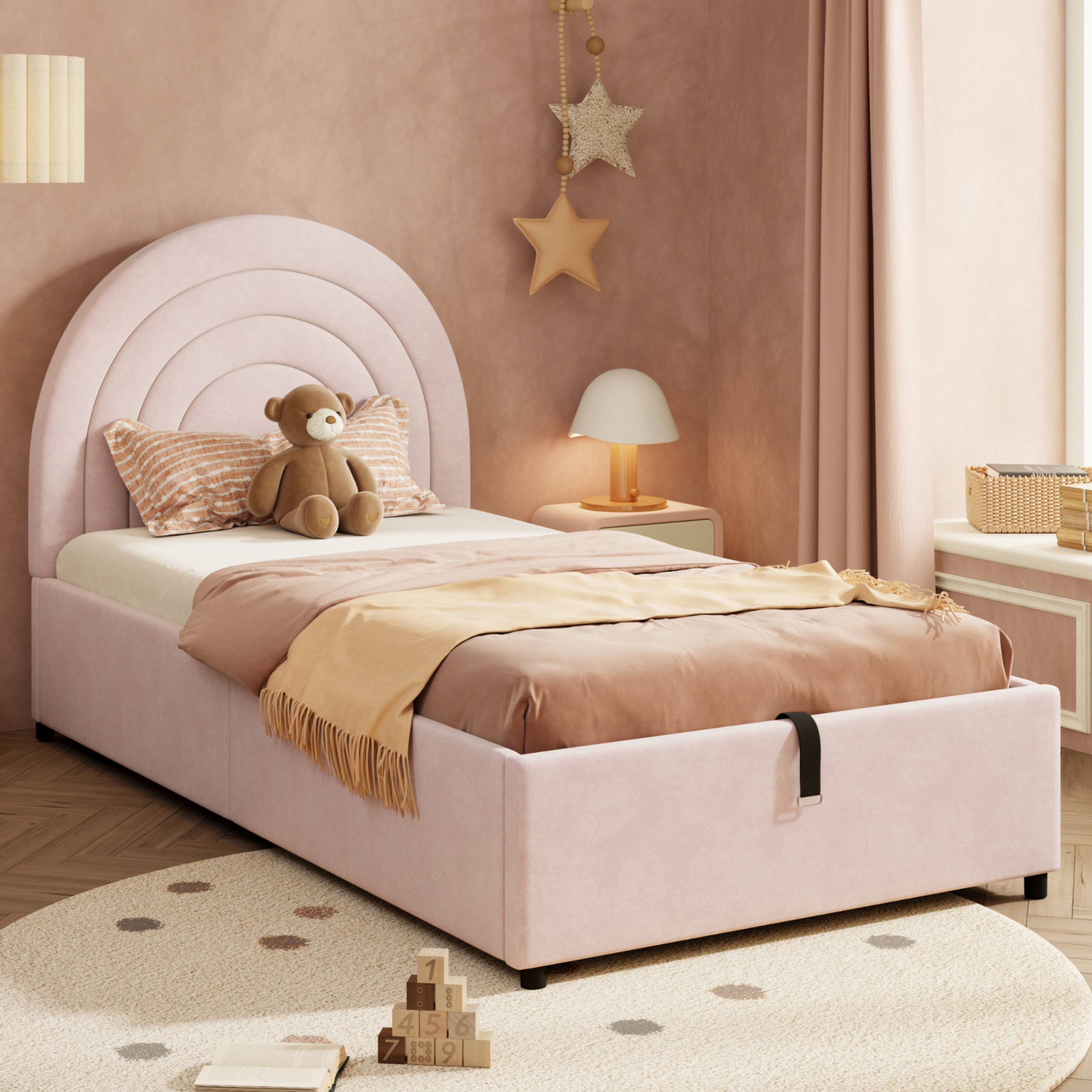 MODFU Polsterbett Stauraumbett Kinderbett mit gepolstertem Kopfteil (Einzelbett, Jugendbett, 1-tlg., 90*200 cm, ohne Matratze, Samt), mit hydraulischem Stauraum und geräuschdämpfenden Füßen