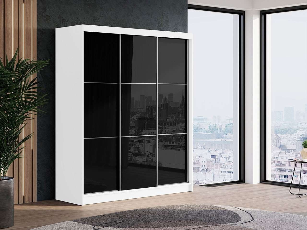 MKS MÖBEL Kleiderschrank VALENCIA Garderobenschrank mit Lacobel-Glas, Schwebetürenschrank 180 cm Schwarz