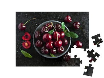 puzzleYOU Puzzle Nach dem Regen: Süßkirschen in einer Schale, 48 Puzzleteile, puzzleYOU-Kollektionen Obst, Essen und Trinken