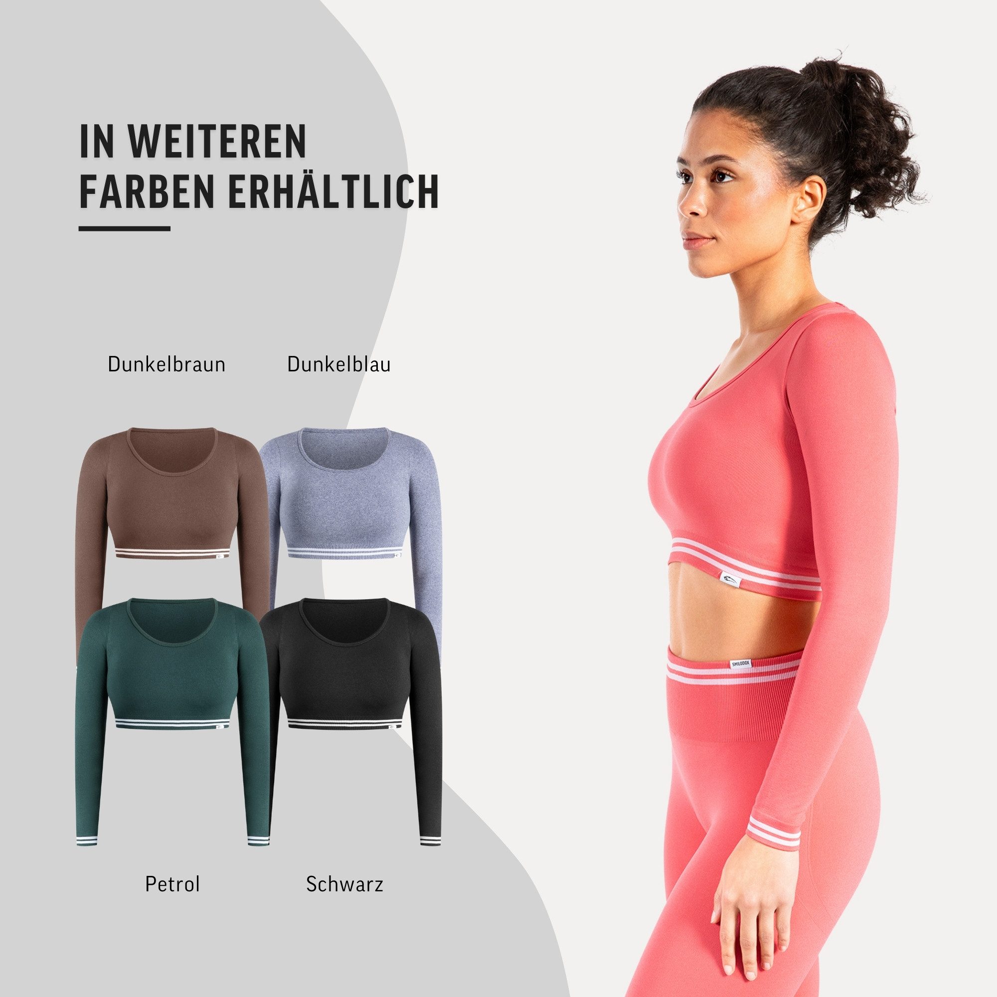 Smilodox Longsleeve Miriel, Oberteil figurbetonendes Crop Shirt Gym & Alltag Figurformend Elastisch Sicherer Halt mit Streifen an Bund und Ärmel