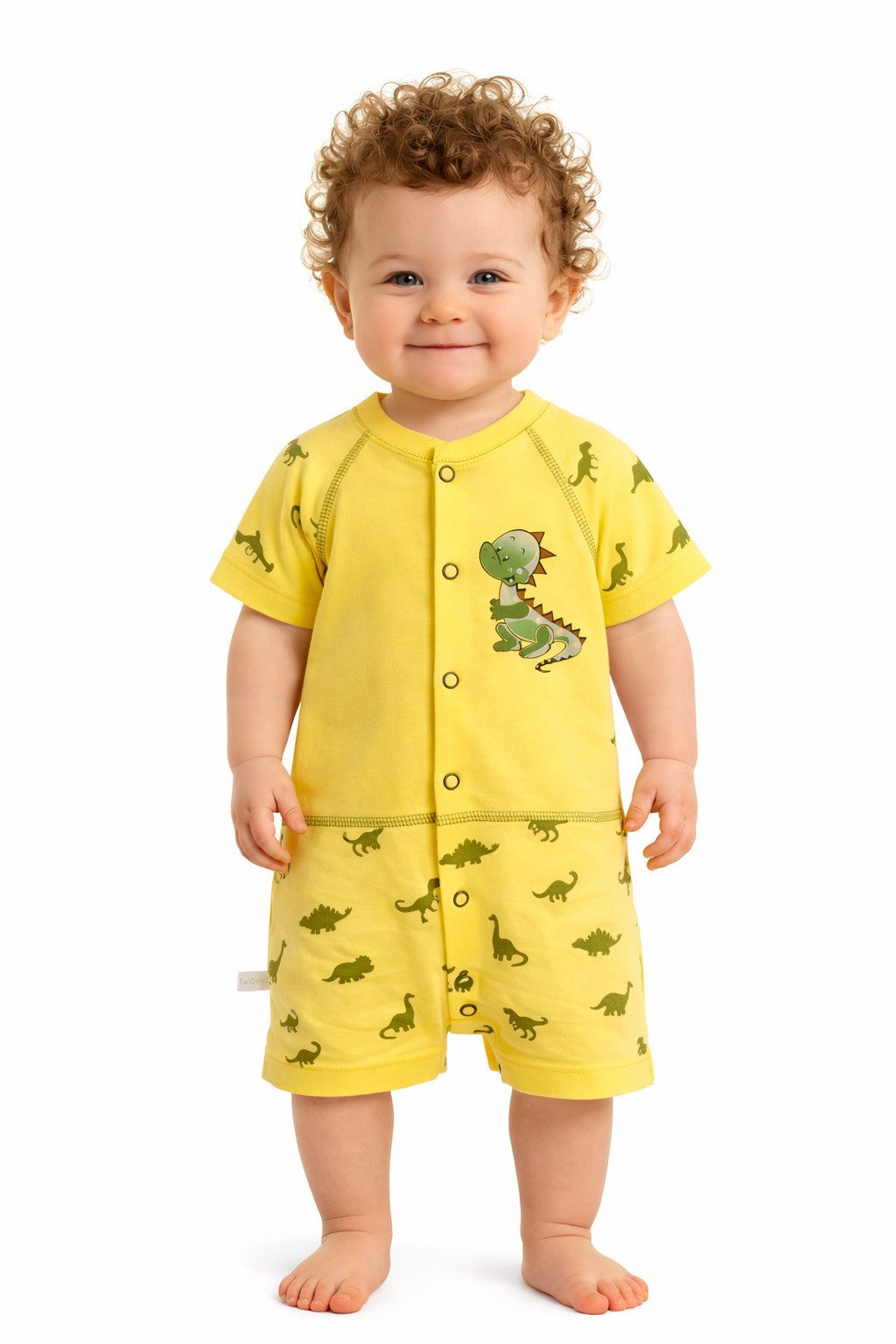 Strampler Baby Spieler Romper Shorty in gelb mit Dino-Aufdruck