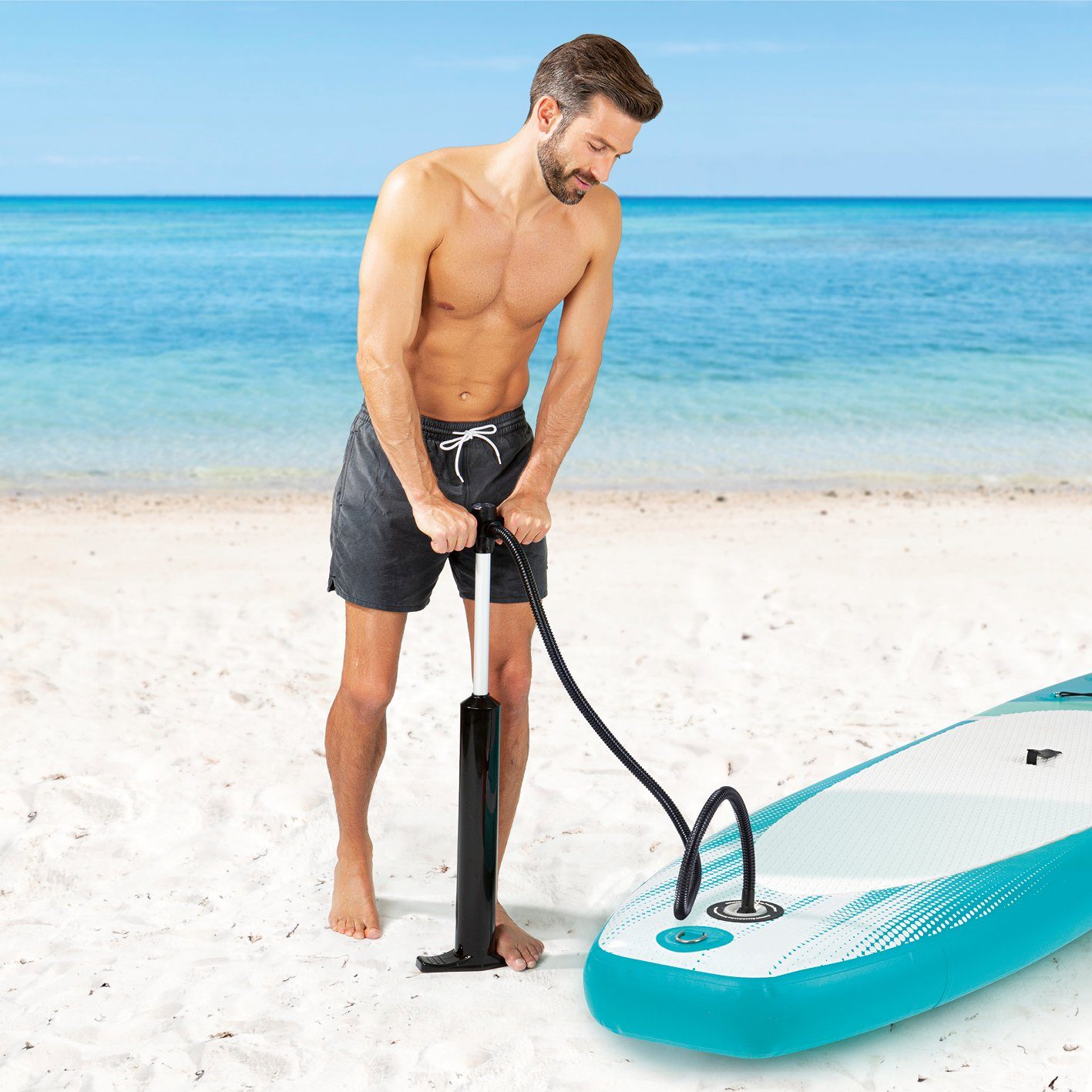 MAXXMEE Inflatable SUP-Board inkl. SUP Komplett Zubehör, kg, Paddling türkis/weiß 110 Stand-Up up Paddle-Board 300 Set Board Stand Paddel cm