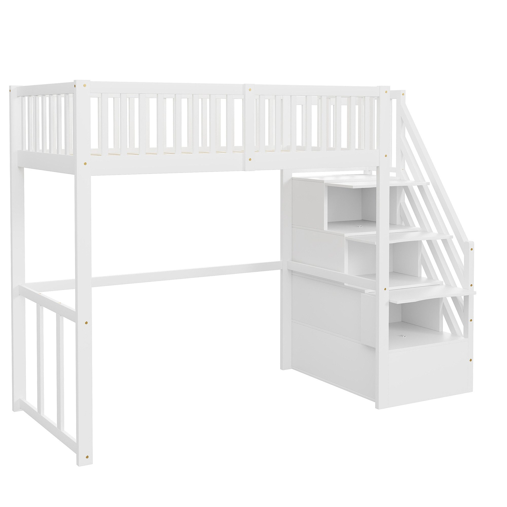 Merax Hochbett (viel Platz unter dem Bett, 1-St., Etagenbett Jugendbett Einzelbett, stabil & platzsparend) Kiefer Kinderbett 90x200cm mit Stauraumtreppe & Siche – Bild 4 von 5