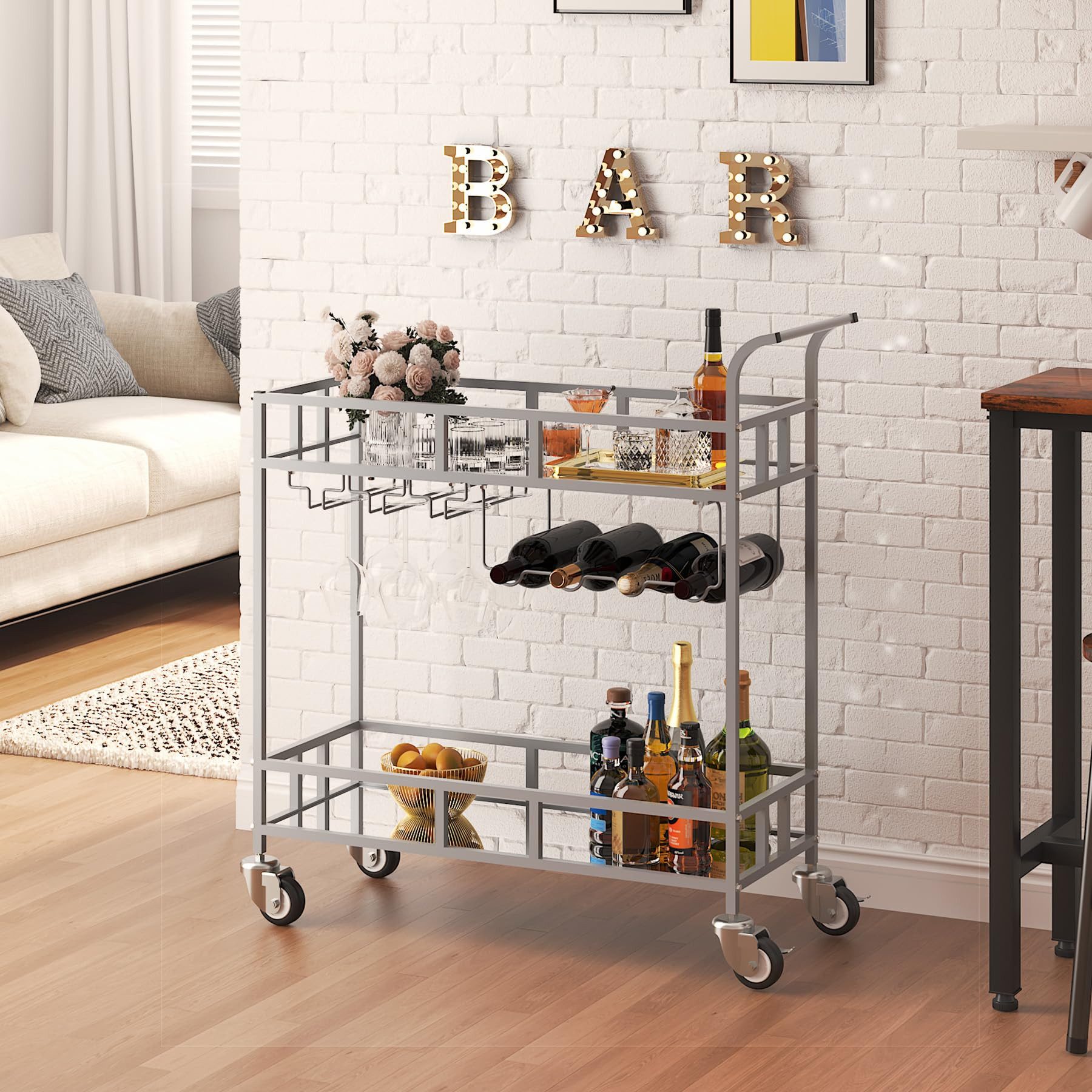 GarveeMore Weinregal 2 Tier Rolling Wine Bar Cart Kleine Warenkorb Weinregale