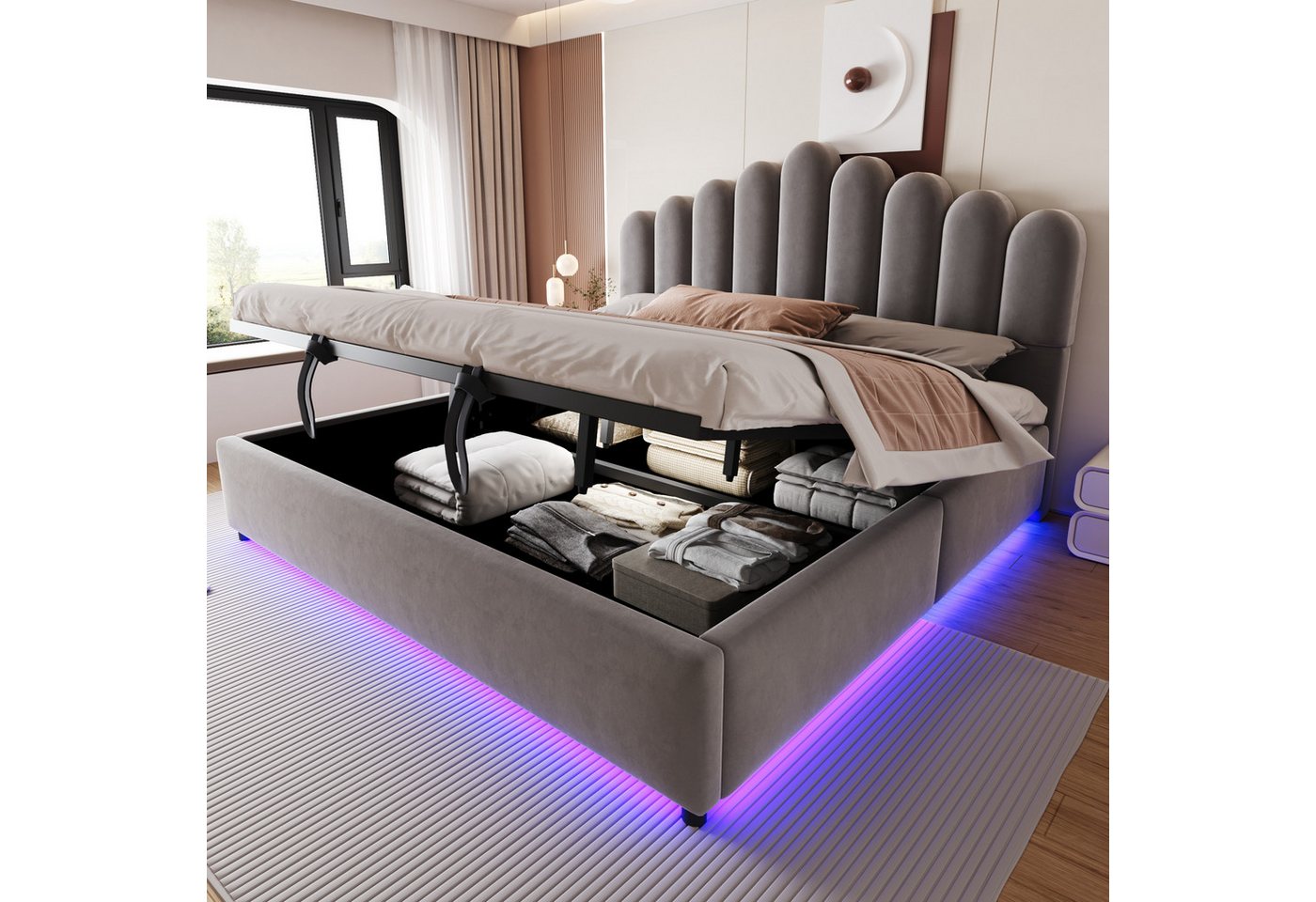 Odikalo Stauraumbett 140×200 180×200 Jugendbett Doppelbett Polsterbett Beige Grau mit LED (Mit hydraulischem Stauraum Lichtleiste Einzigartigem Voluminösem und Bequemem Kopfteil Stabilem Lattenrost Samtstoff Ohne Matratze)