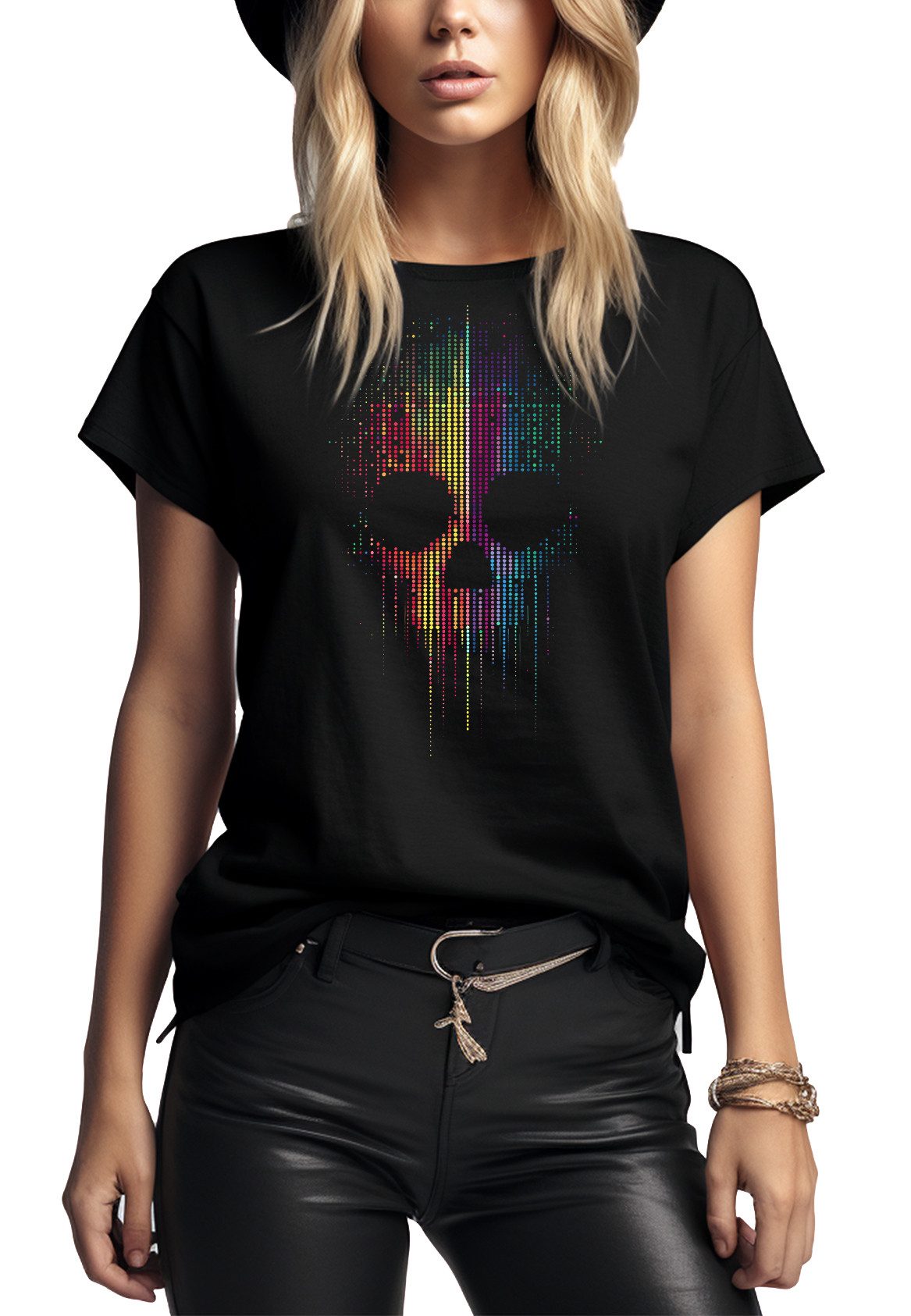 MAKAYA Print-Shirt Skull Motiv Top für Frauen – Bunter Look für Tattoo & Ro günstig online kaufen