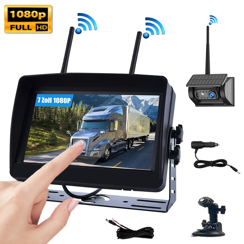 7'' Touch Monitor KFZ Solar Rückfahrkamera Kabellos Einparkhilfe 1080P Rückfahrkamera