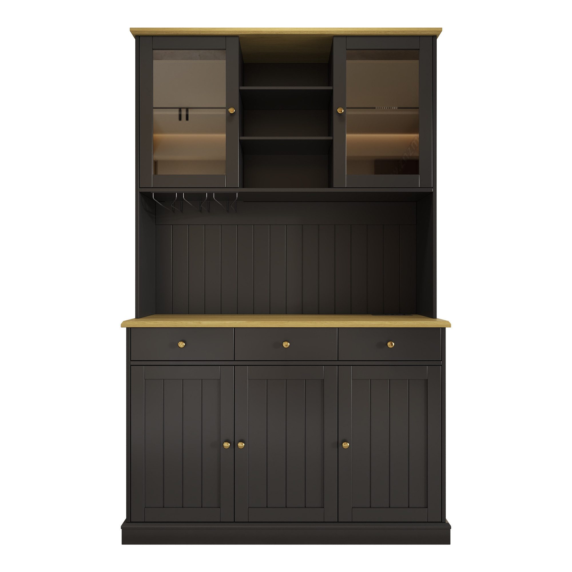 KLAM HOME Küchenbuffet Weißer Esszimmer-Hochschrank mit Glastüren und Ladeanschlüssen (Buffetschrank 120×40×191cm mit Steckdosen, USB-A & USB-C) Stauraumreicher Küchenschrank mit verstellbaren Glasböden