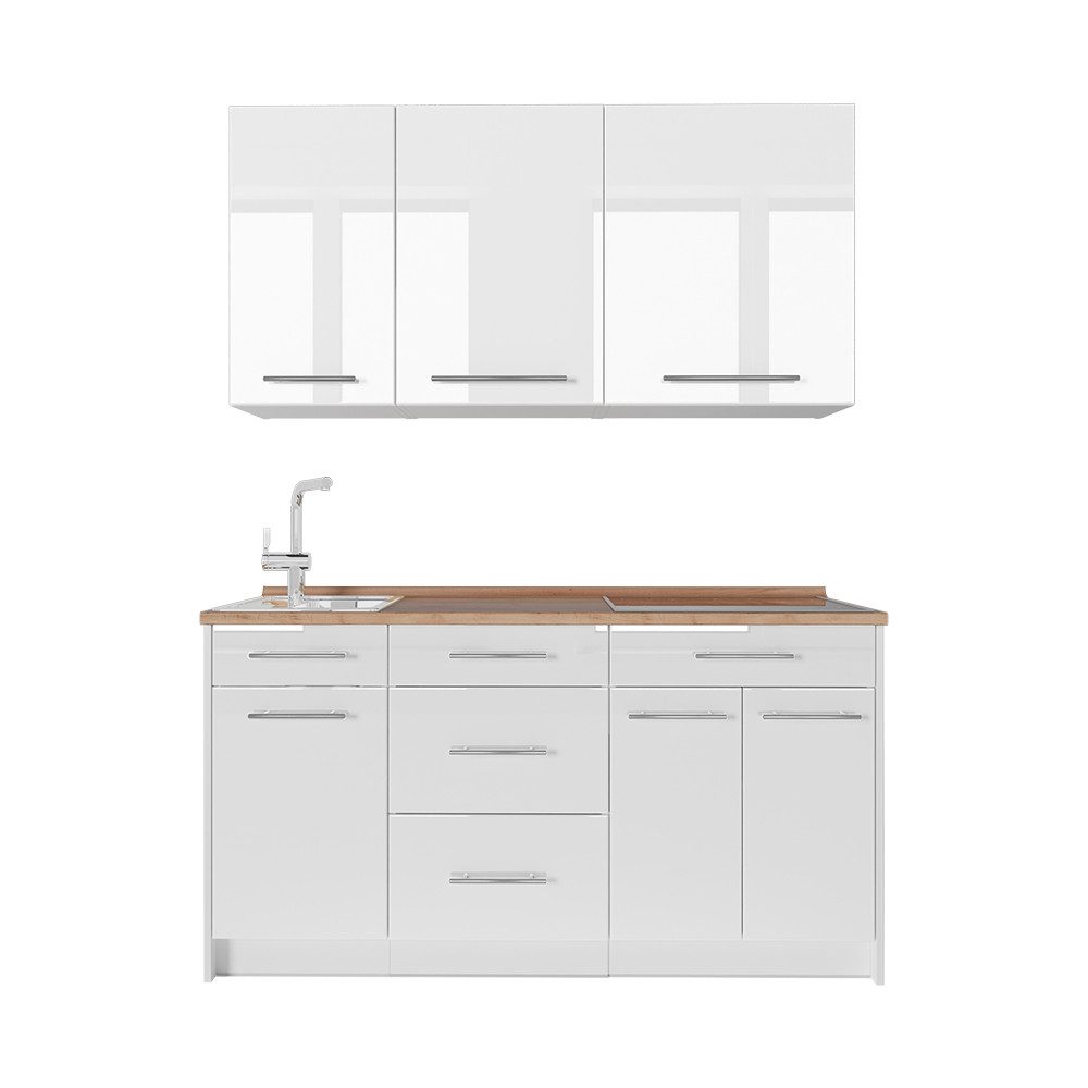 Vicco Küchenzeile Fame-Line, Weiß Hochglanz/Weiß, 150 cm, AP Eiche