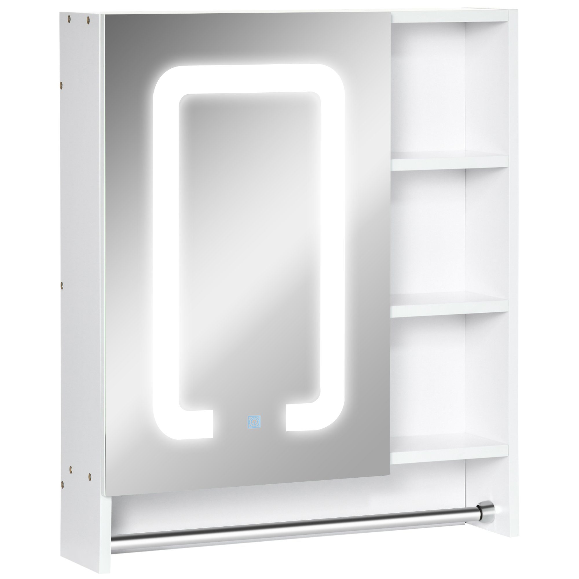 Kleankin Spiegelschrank Badschrank mit Touch-Steuerung Handtuchhalter Weiß 60 x 15 x 69cm (Set, 1-St., 1 x LED-Spiegelschrank; 1 x Handbuch; Schrauben) mit LED-Beleuchtung