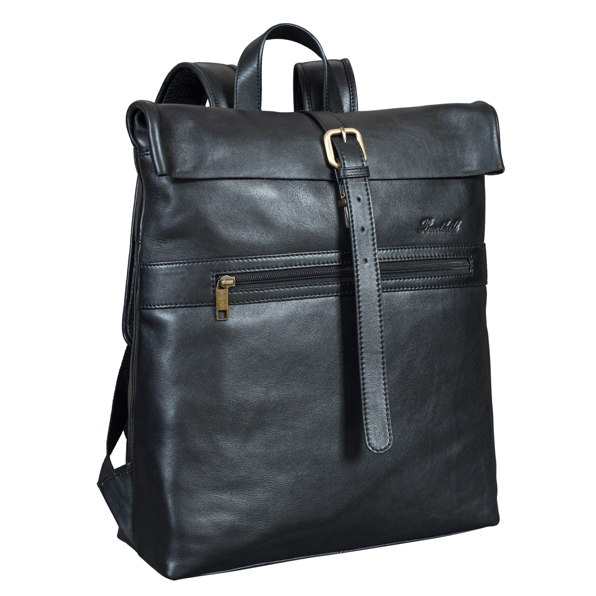 Benthill Rucksack Echt Leder Rucksack Damen Herren Rolltop Fahrradrucksack Backpack, Reißverschlussfach