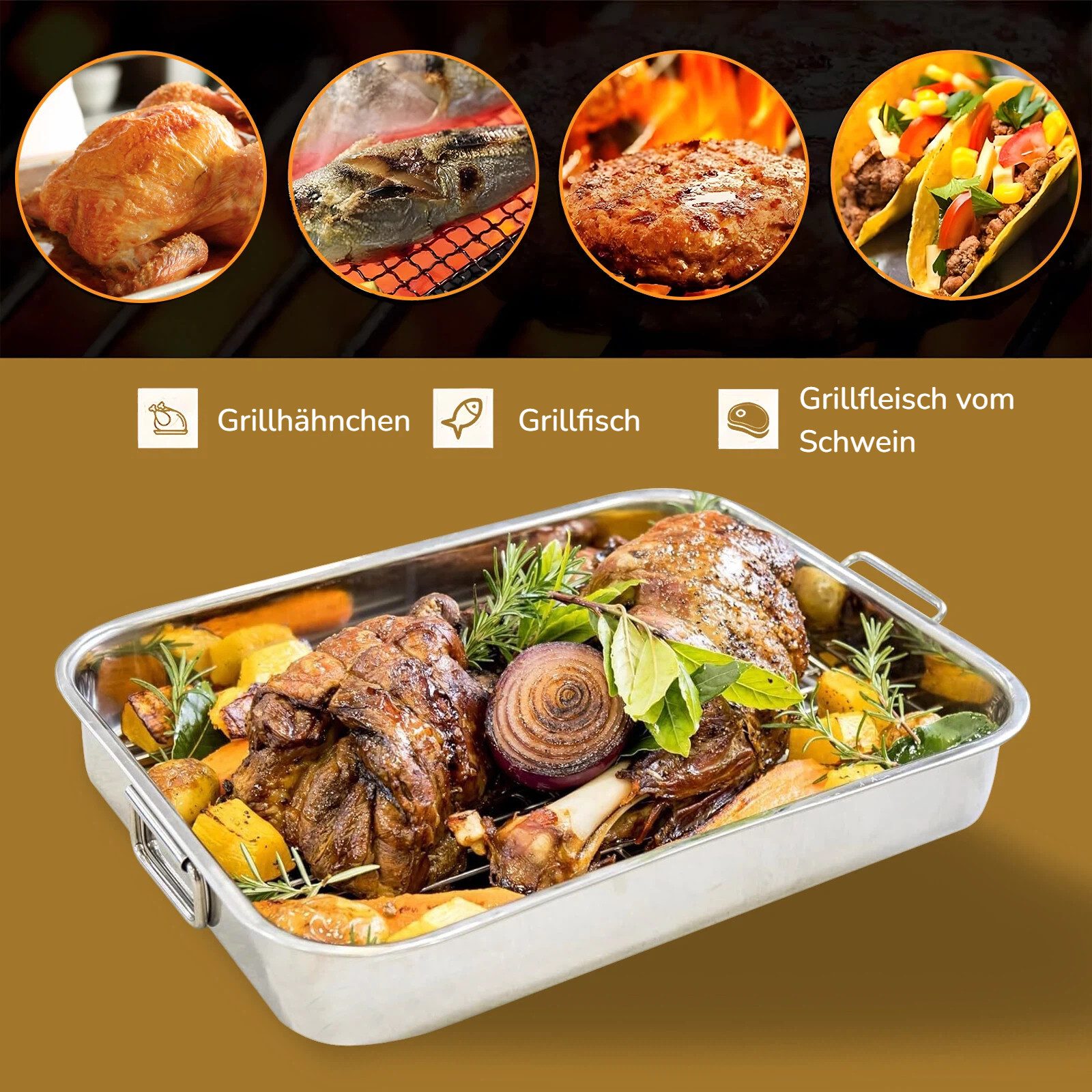 BlingBin Bräter Bratblech mit Gestell, Auflaufformen Ofenfest Edelstahl für Backofen, Edelstahl (1er Set, 1-tlg., Produktabmessungen: 33 × 23 × 5 cm), Backblech Stahlblech mit Griffen für Truthähne, Fleisch, Gemüse
