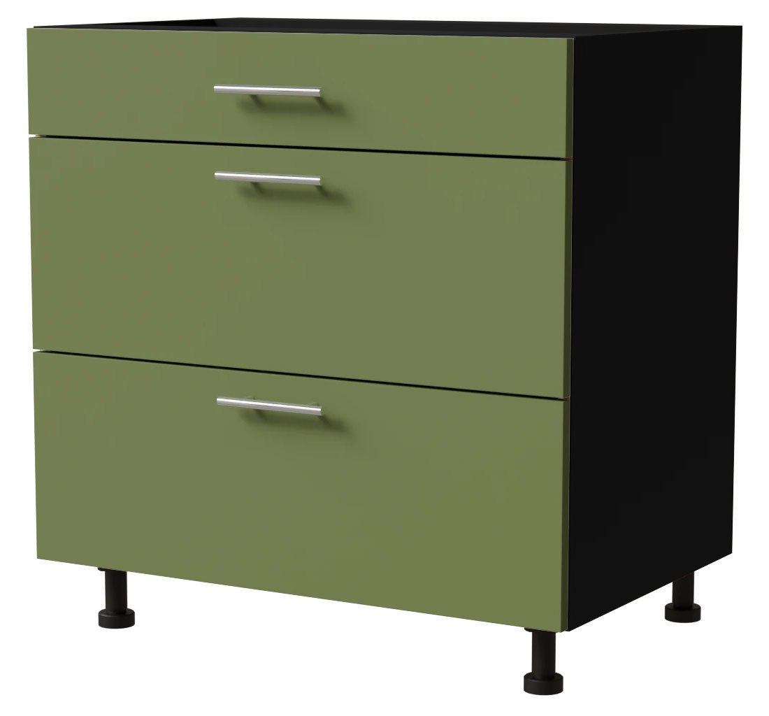 Feldmann-Wohnen Auszugsunterschrank Brerra (D3M/80, 3 Schubladen, Blum Metabox Teilauszug, 1-St., moderne Optik, lackierte Fronten, 80x50x82cm) schwarz / RAL 6025 farngrün matt