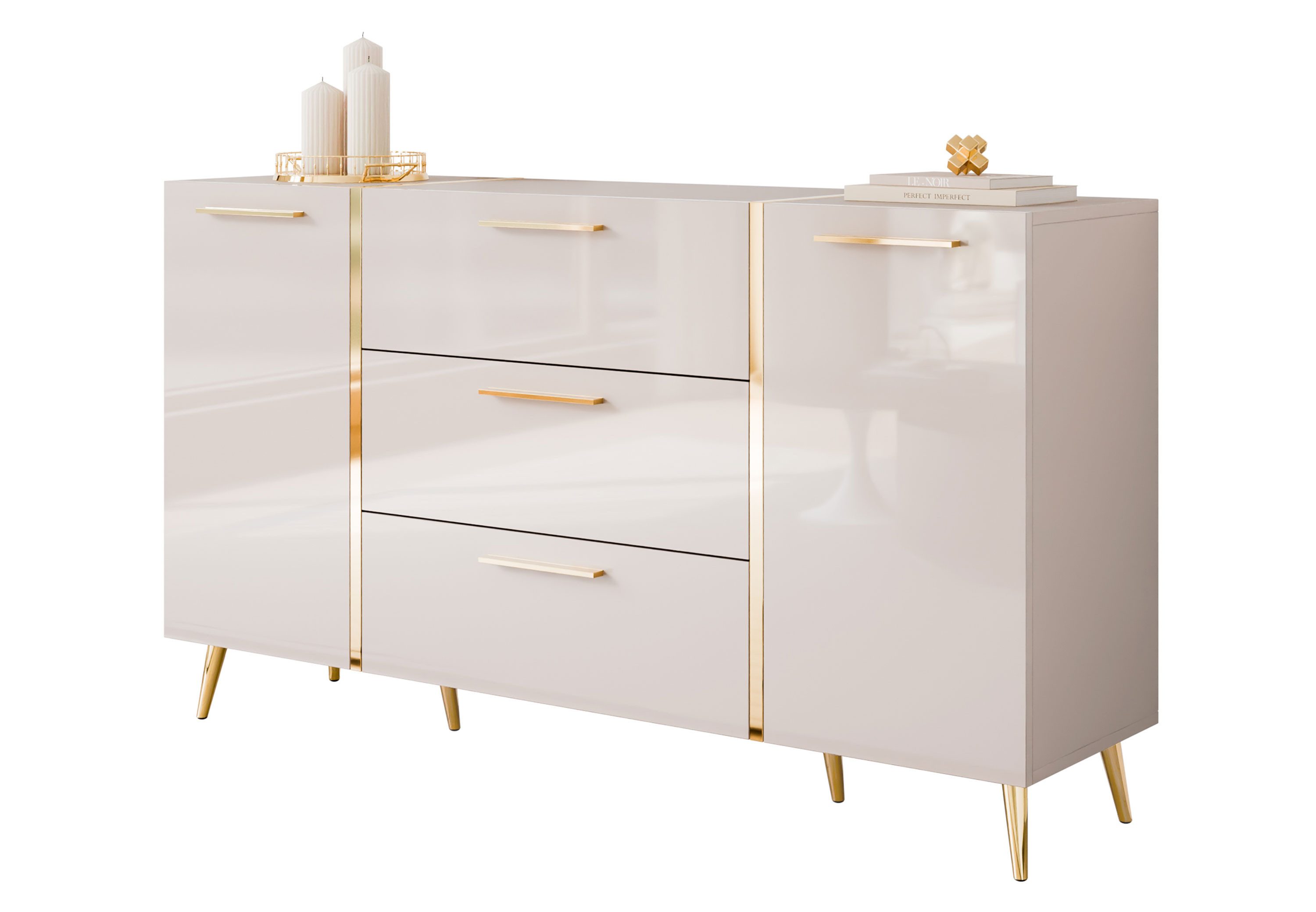Lookway Kommode mit Schubladen ONYX Kaschmir auf goldenen Beinen, Hochglanz, 158 cm, 158x41,3x88 cm