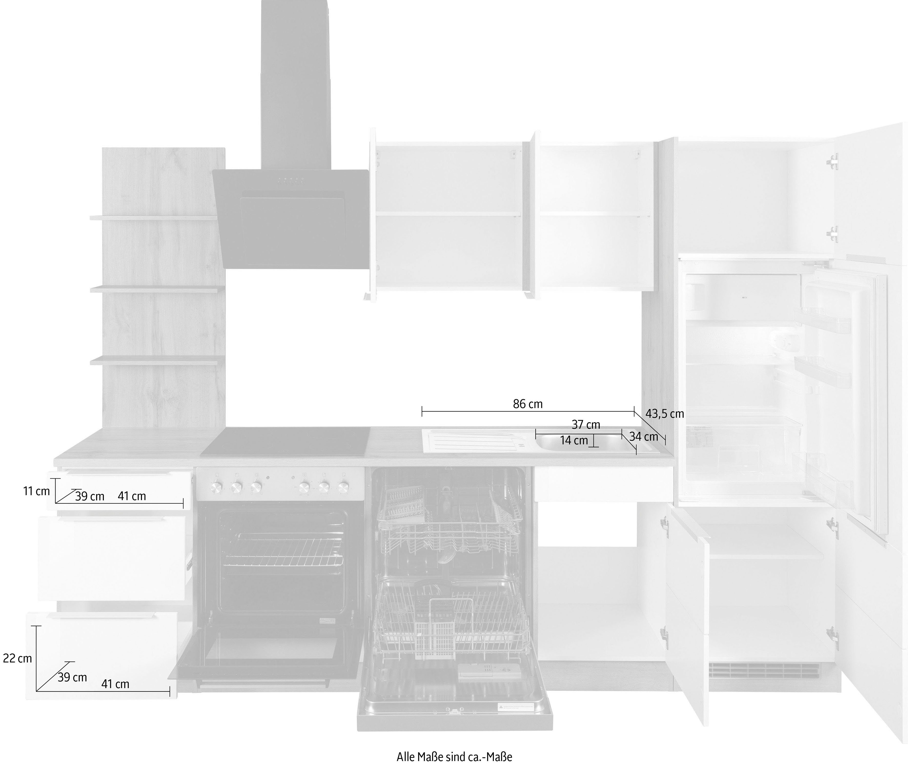 HELD | Breite E-Geräten, cm Brindisi, weiß 280 weiß Küchenzeile MÖBEL mit Hochglanz/weiß