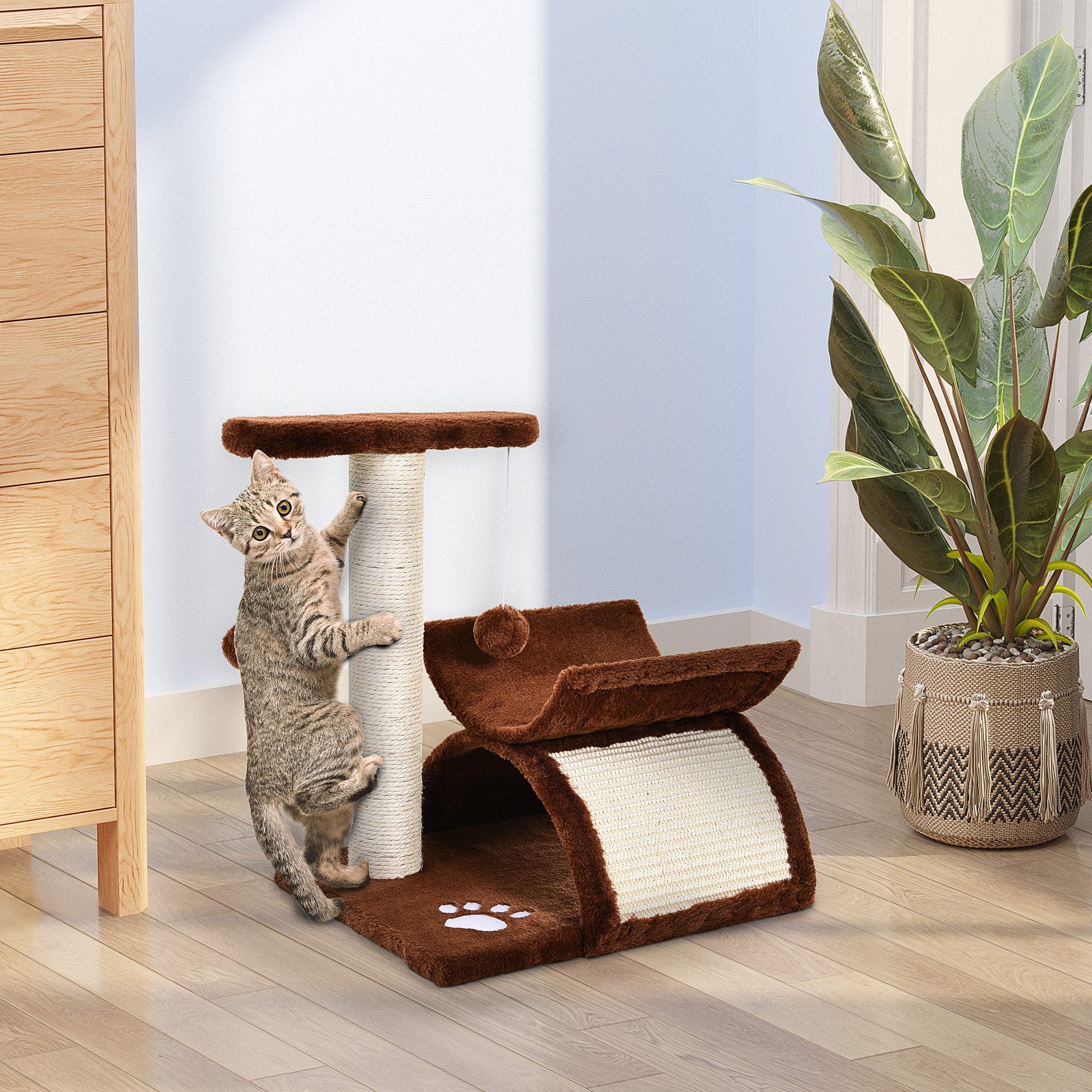 PawHut Kratzbaum, mit Tunnel, Liegefläche, Spielbaum für Katzen, Sisal, Braun, 40x30x43 cm  Aosom von PawHut