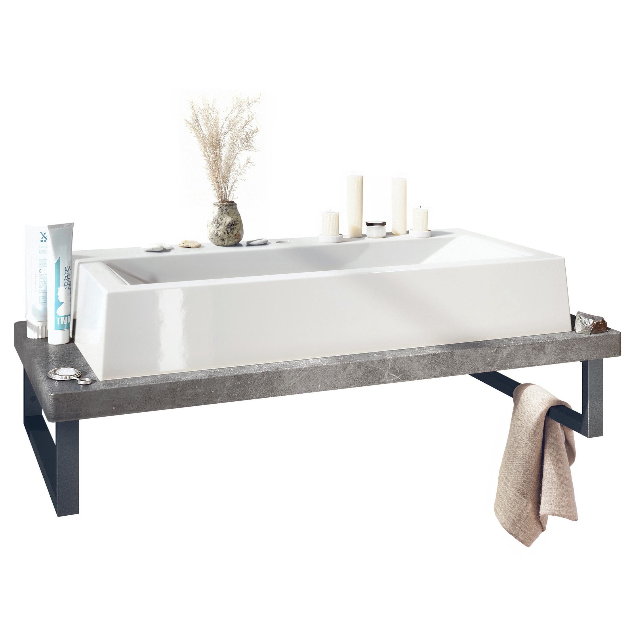 Vladon Waschbeckenunterschrank Nizza (Waschbecken, mit Waschtischplatte und Metall-Halterung) Steingrau