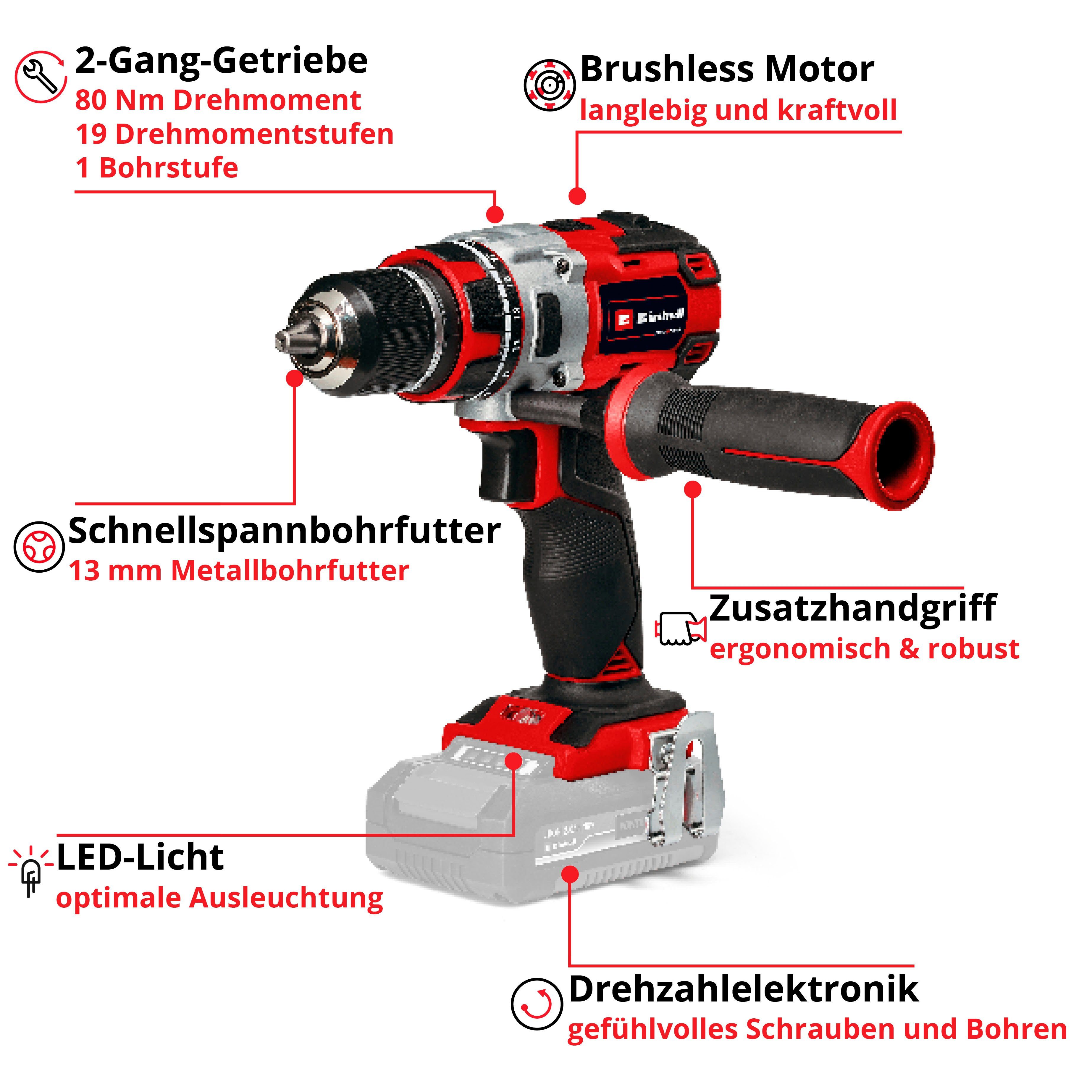 Einhell Akku-Bohrschrauber TP-CD 18/80 Li BL-Solo, max. 1800 U/min
