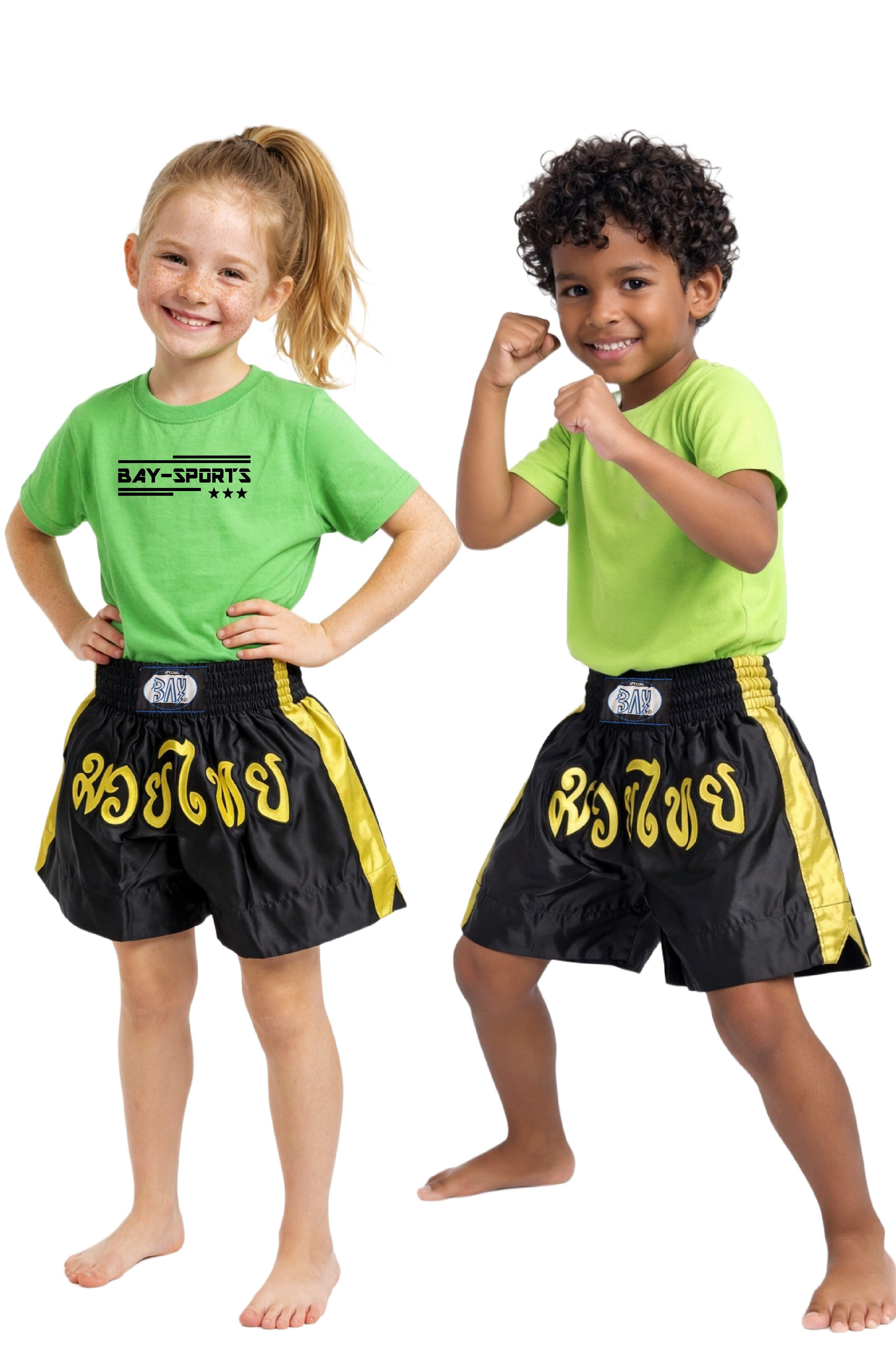 BAY-Sports Sporthose Thaiboxhose REMY Muay Thai Hose Shorts Thaiboxen MMA kurz Kickboxen kurze, leichte, locker sitzende Trainingshose, Schwarz/Gold