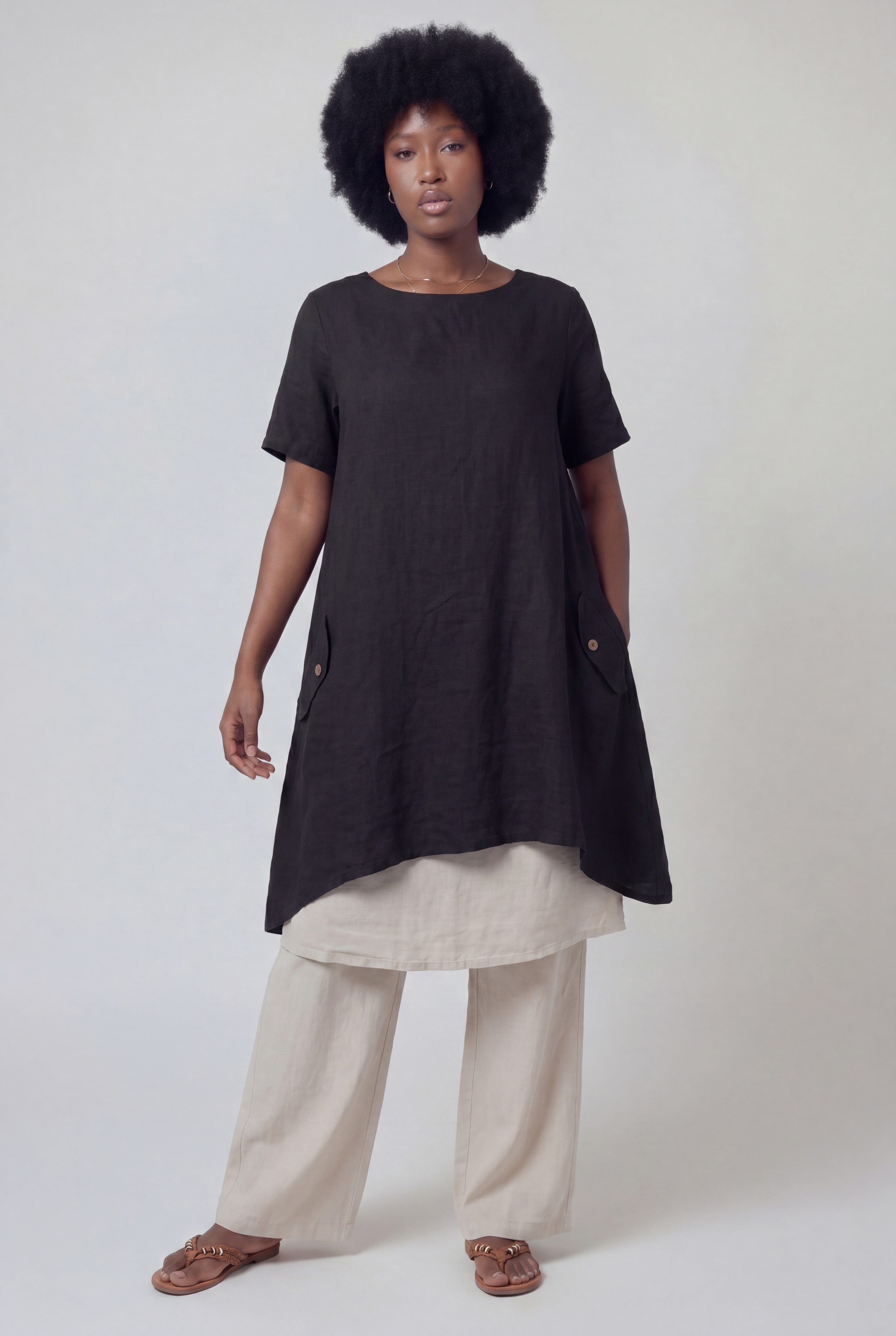 YC Fashion & Style Tunika Leinenkleid – luftiges Oversized Tunika-Kleid – One Size 34–44 dekorative Knopfdetails