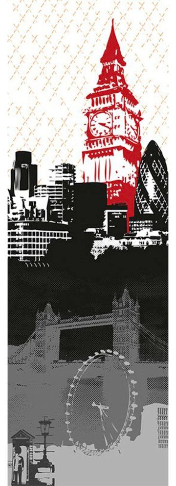 Architects Paper Fototapete London, (1 St), Grafik Tapete London Panel Grau Schwarz Weiß Rot 1,00m x 2,80m