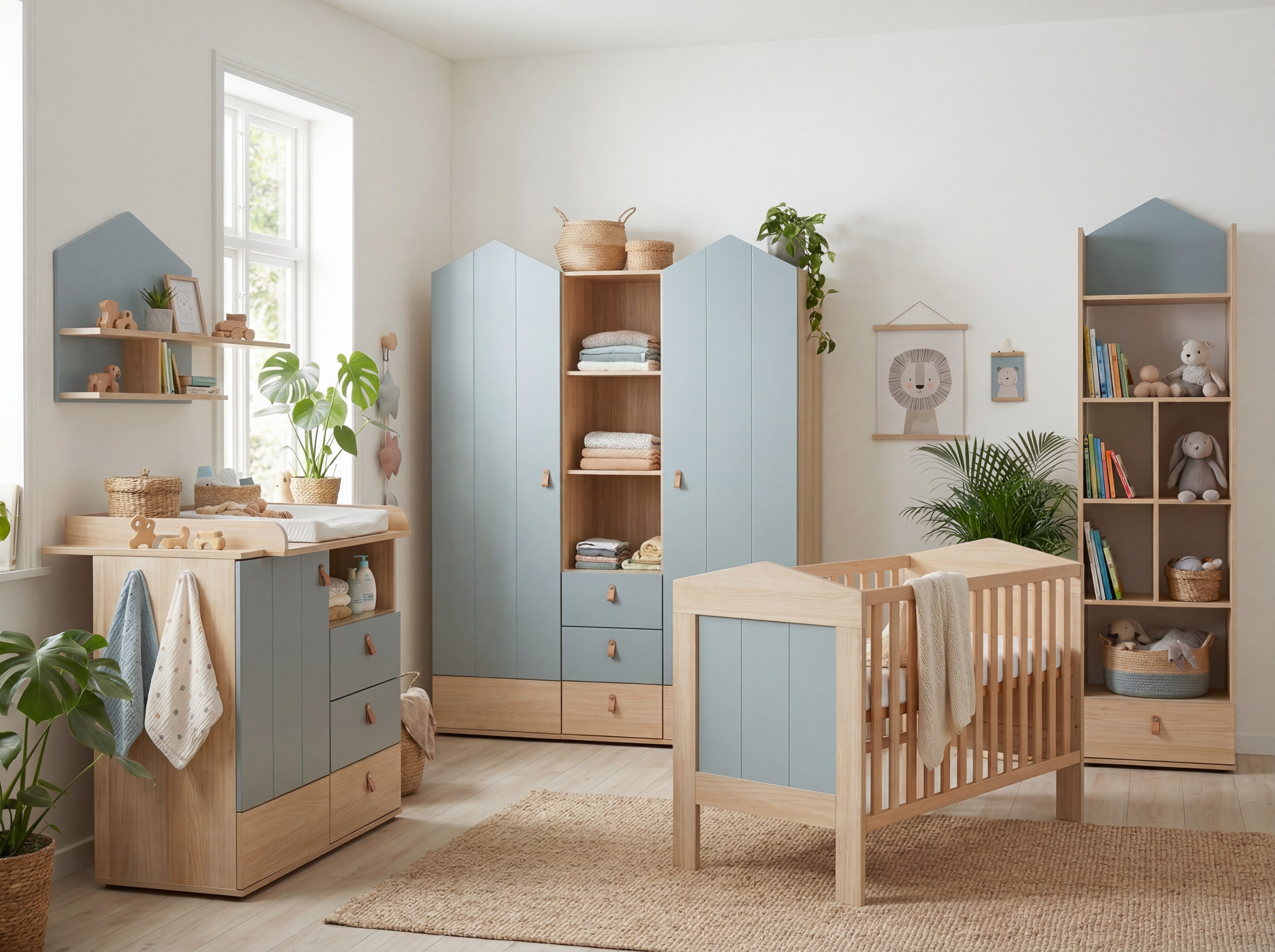 arthur berndt Babyzimmer-Komplettset Roofy, (Spar-Set, 6-tlg., Bett, Schrank, Wickelkommode, Stand/- Wandregal, Umbauseiten), Bett mit Umbauseiten + Schrank + Wickelkommode + 2x Regale
