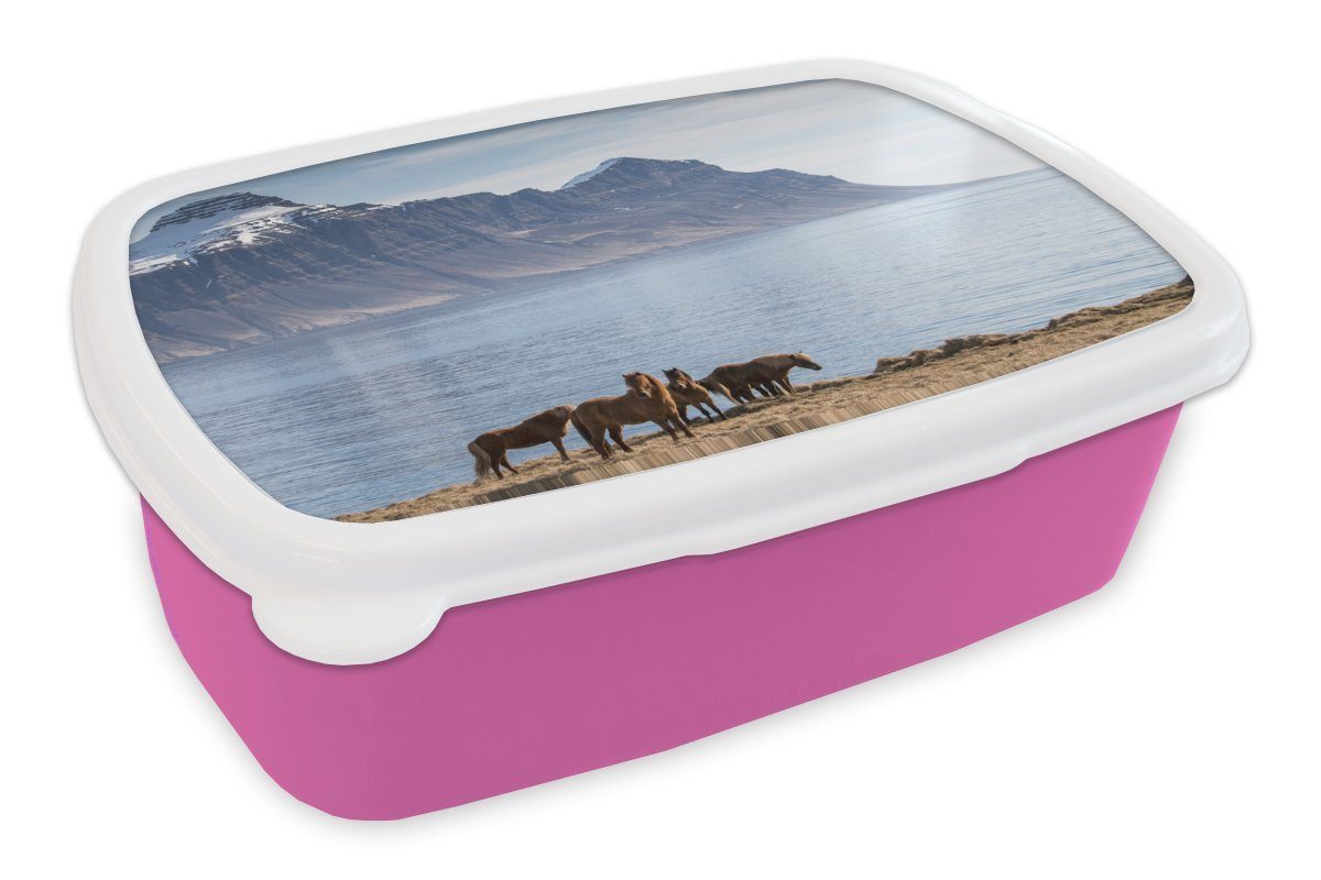 MuchoWow Lunchbox Nahaufnahme von Isländerpferden an einem See, Kunststoff, (2-tlg), Brotbox für Erwachsene, Brotdose Kinder, Snackbox, Mädchen, Kunststoff rosa